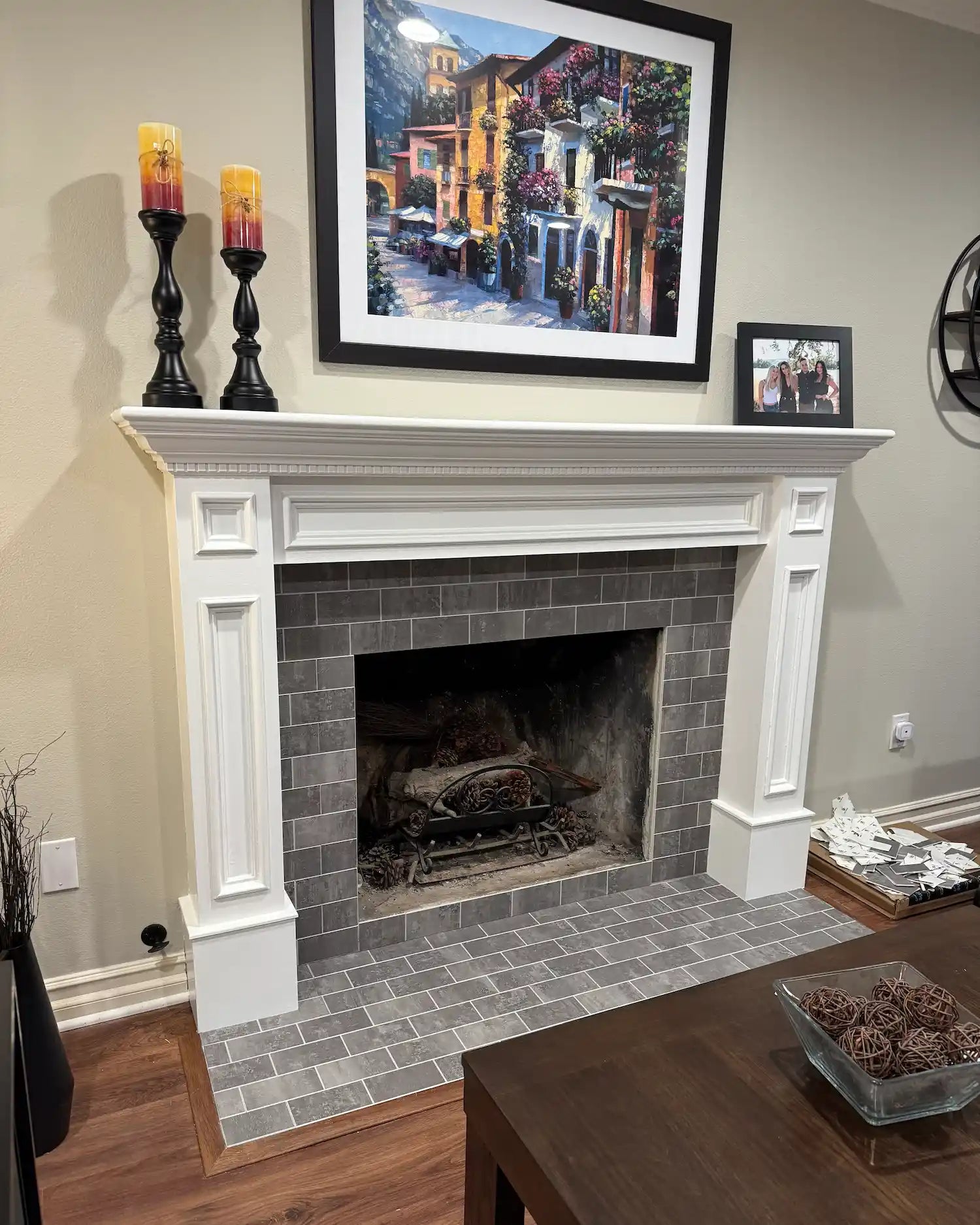 A Breathtaking Fireplace Makeover: See How Peel and Stick Tiles Redefined This Living Room!