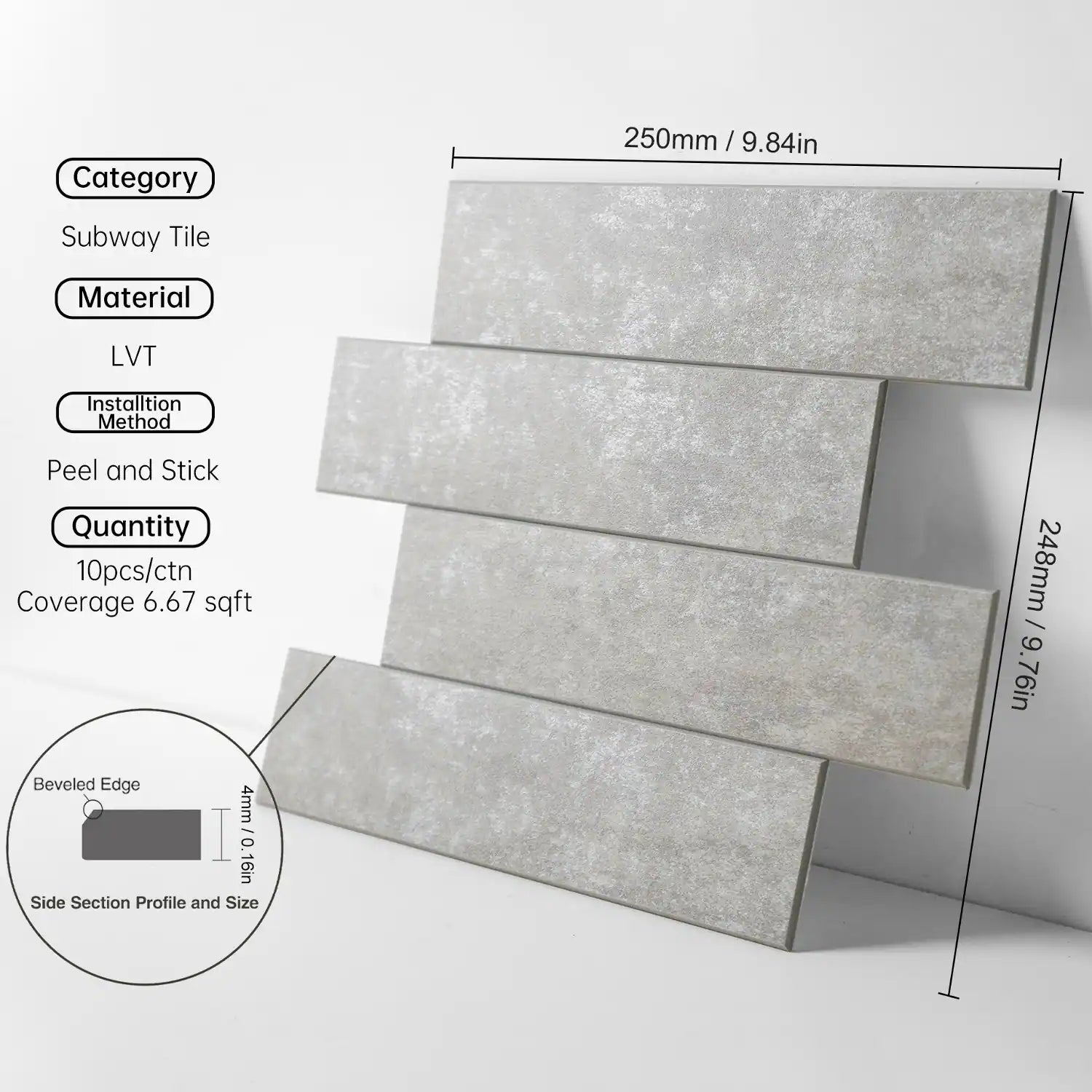 COLAMO Elongated Subway Tiles Peel & Stick Backsplash, Silver Gray