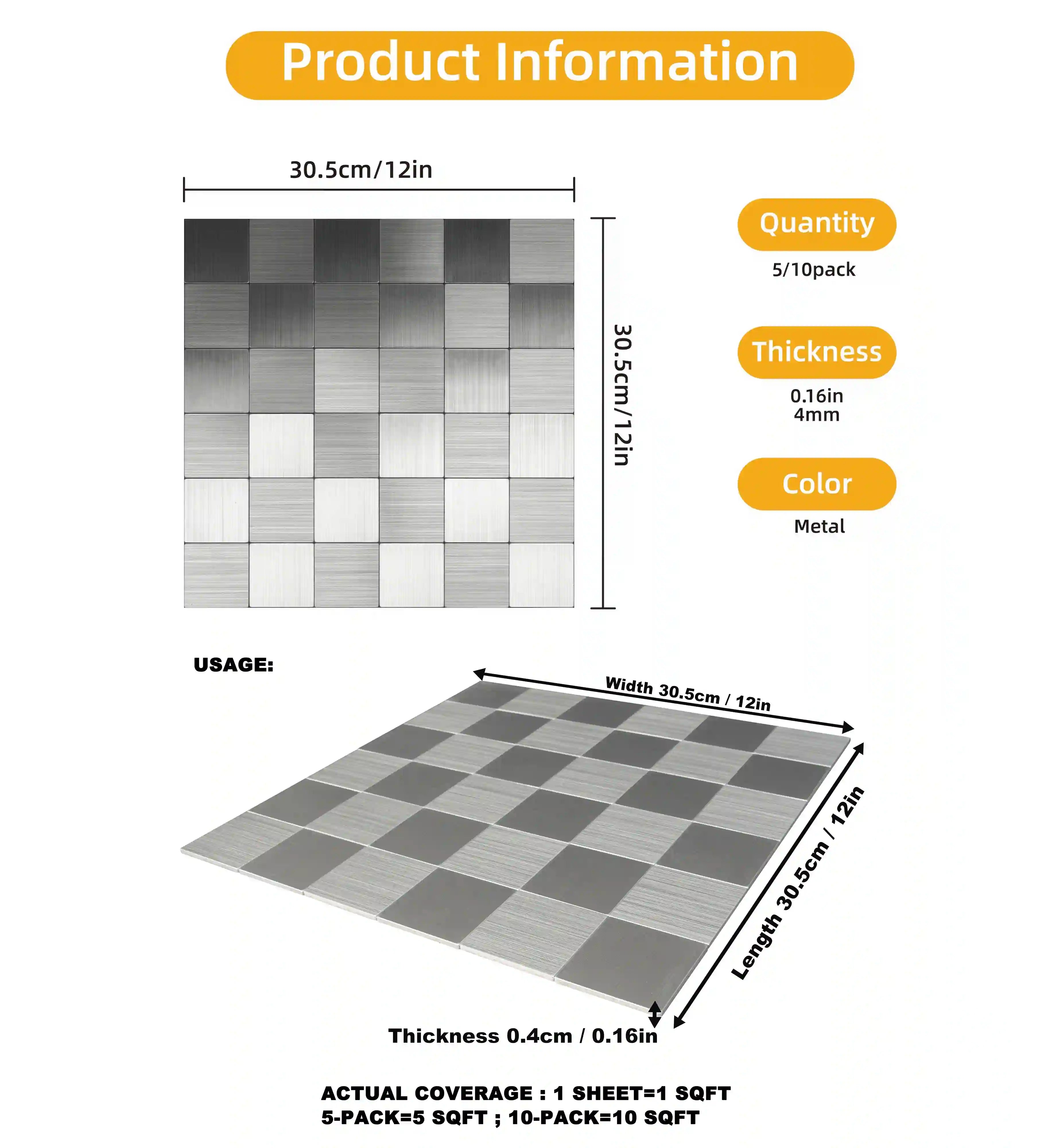 Peel and Stick Square Stainless Steel Tiles Backsplash 12" x 12"