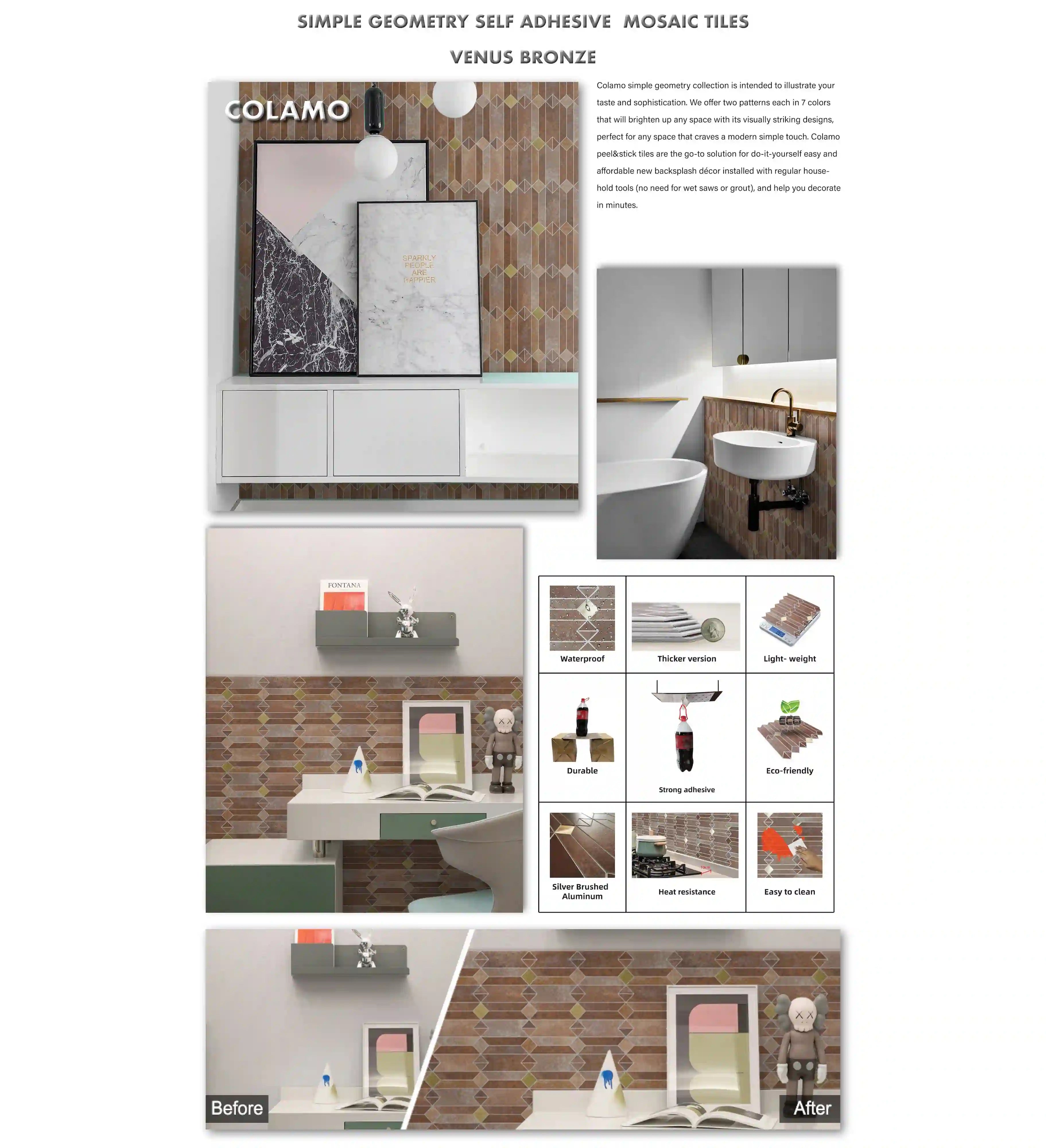 Panneaux muraux, dosserets et carreaux à coller, motif géométrique simple, bronze Vénus