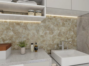 Modern bathroom with Gold Travertine peel and stick diamond tile wall, sink, and countertop.