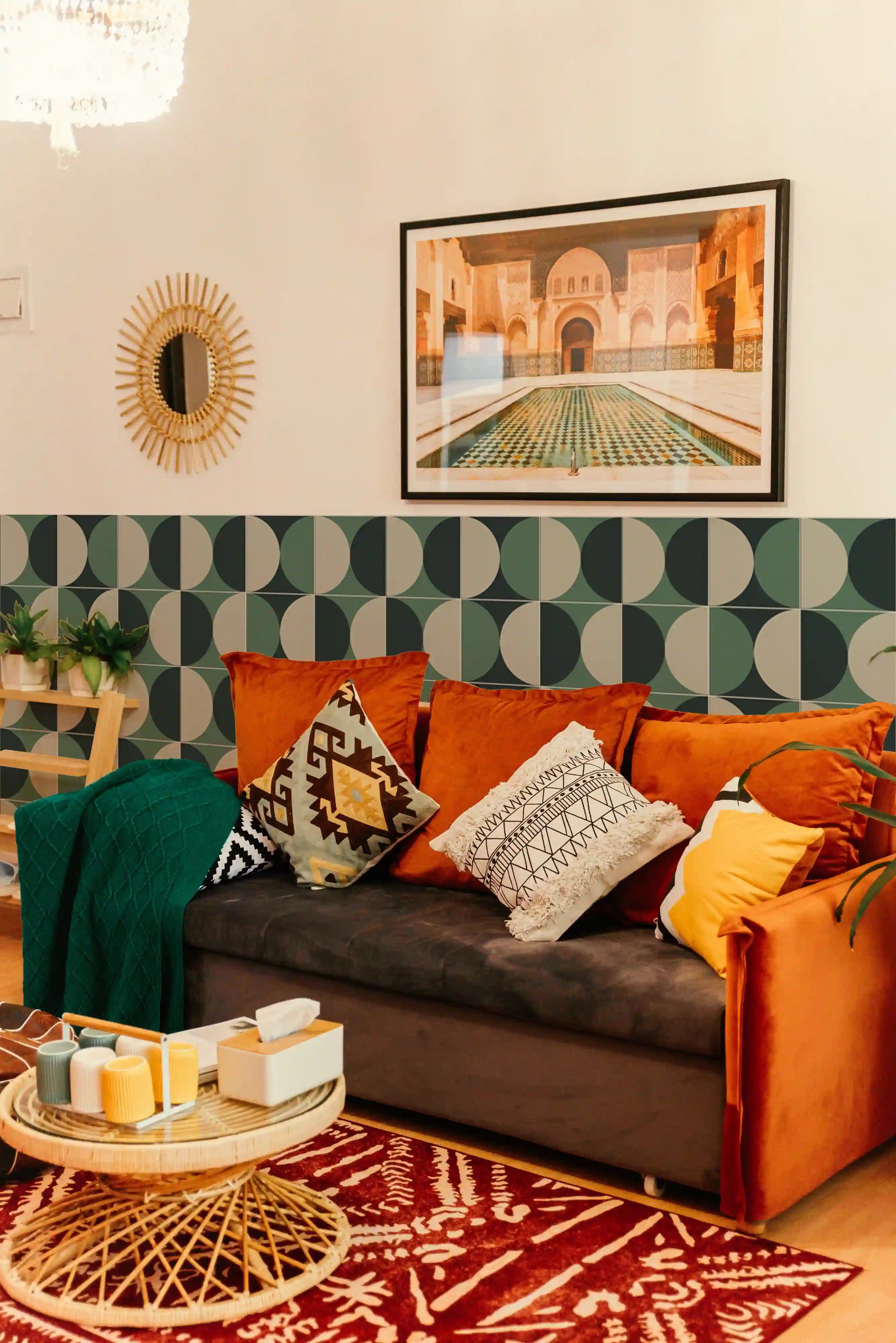 COLAMO Mid-Century Modern Green Geometric Peel and Stick Backsplash - Matte Retro Art Deco Tile