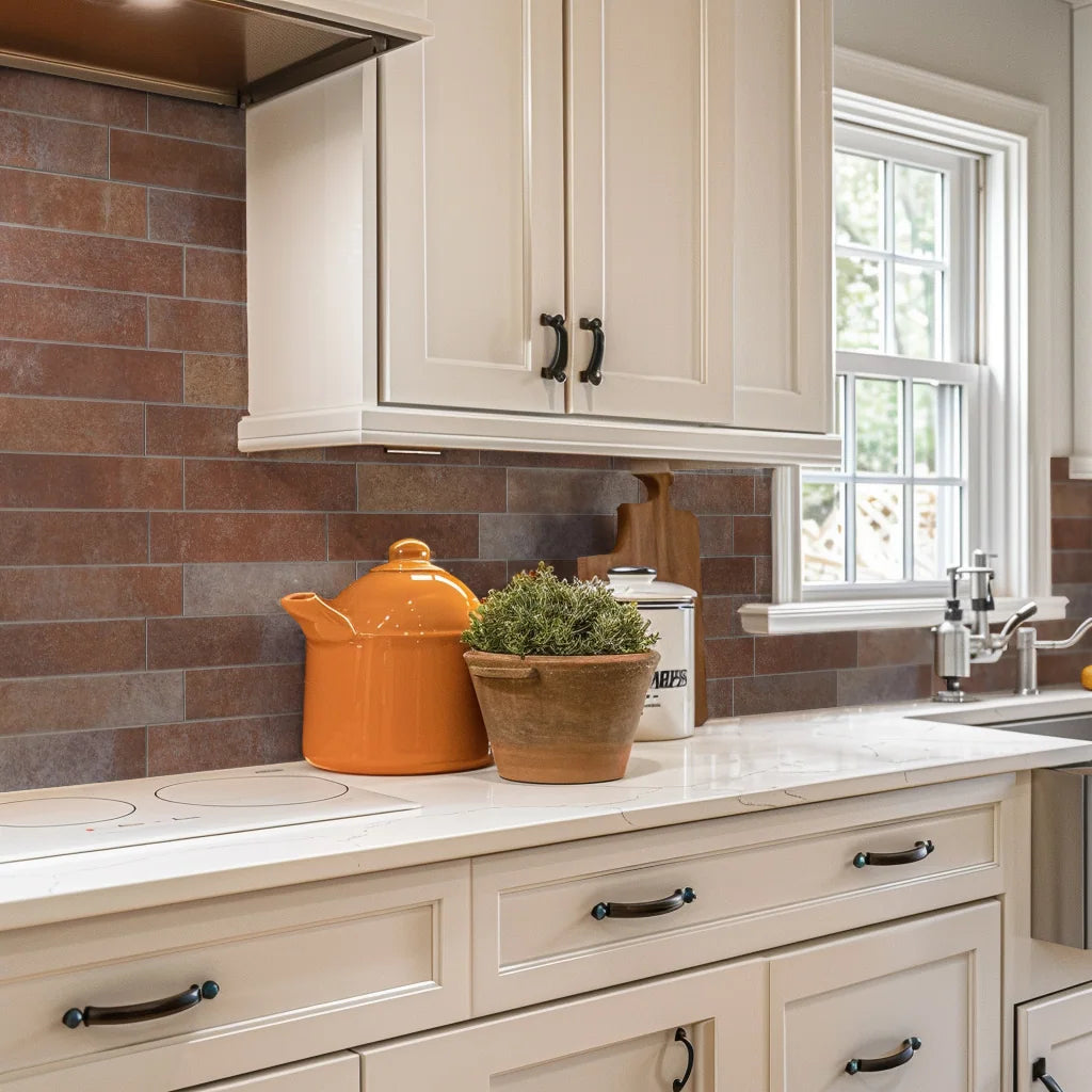 COLAMO Elongated Subway Tiles Peel & Stick Backsplash, Terracotta, Rusty Brown