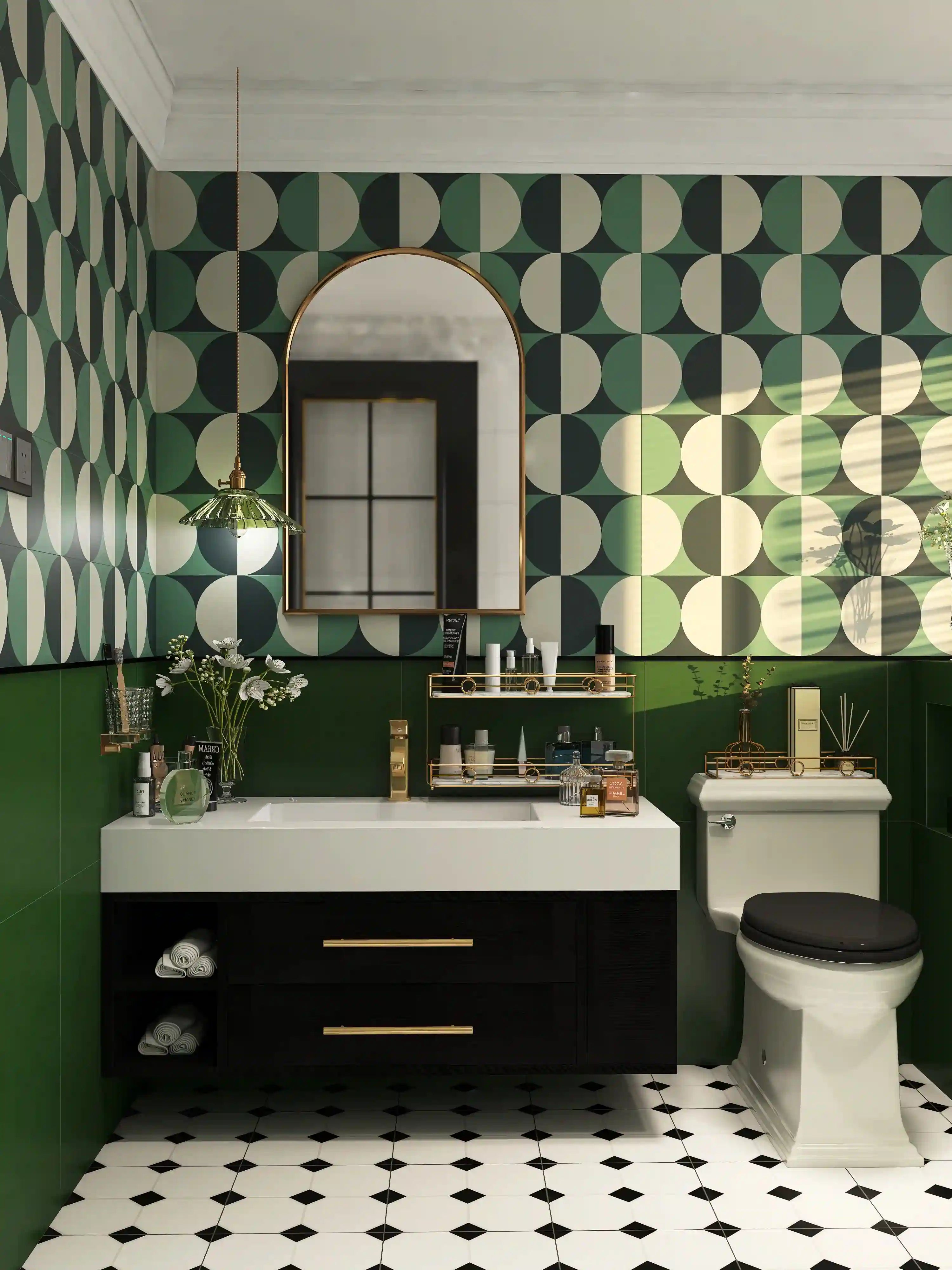 COLAMO Mid-Century Modern Green Geometric Peel and Stick Backsplash - Matte Retro Art Deco Tile