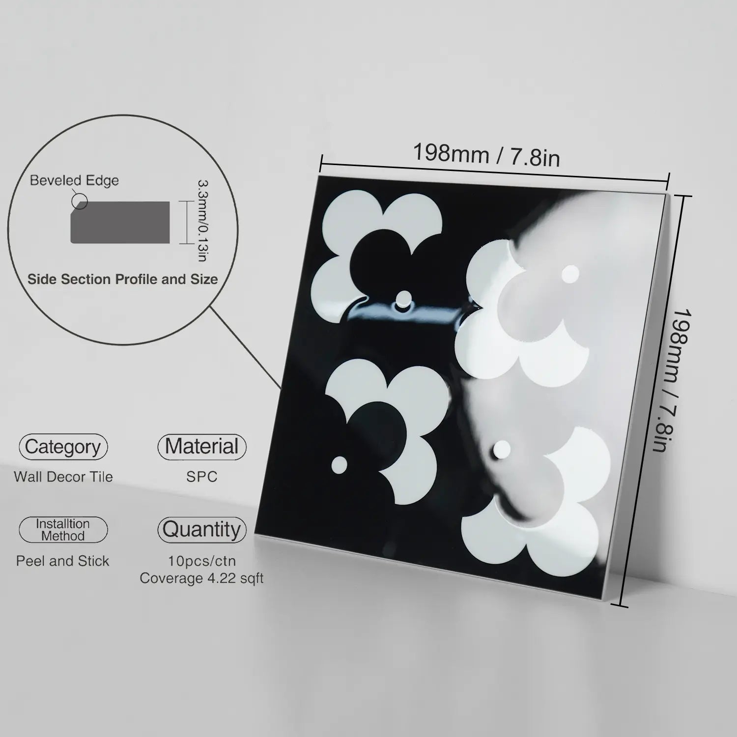 Carrelage graphique autocollant noir brillant COLAMO, imperméable, à décoller et à coller