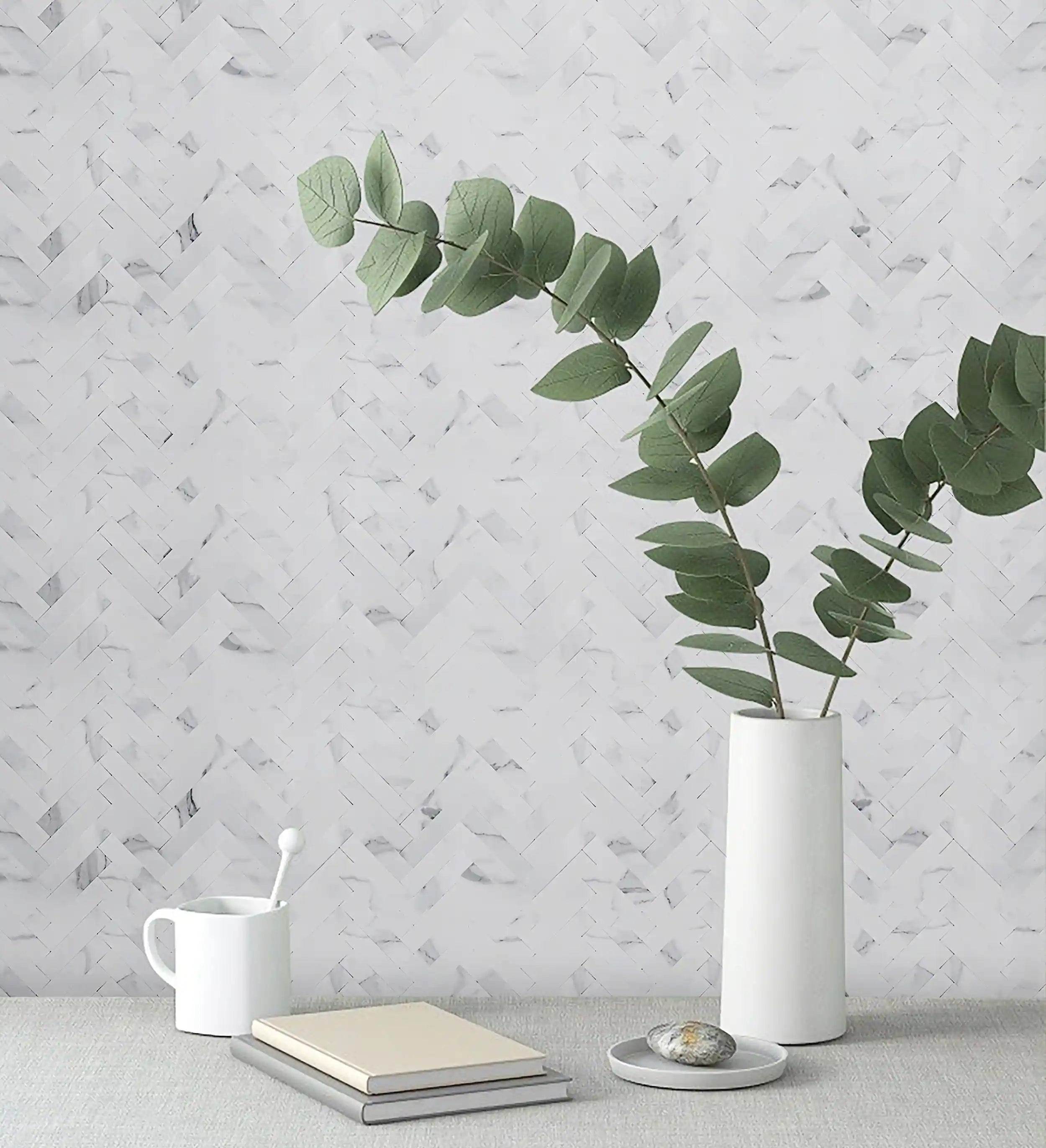 COLAMO Thick Carrara White Herringbone Peel and Stick Backsplash Marble Look Tiles