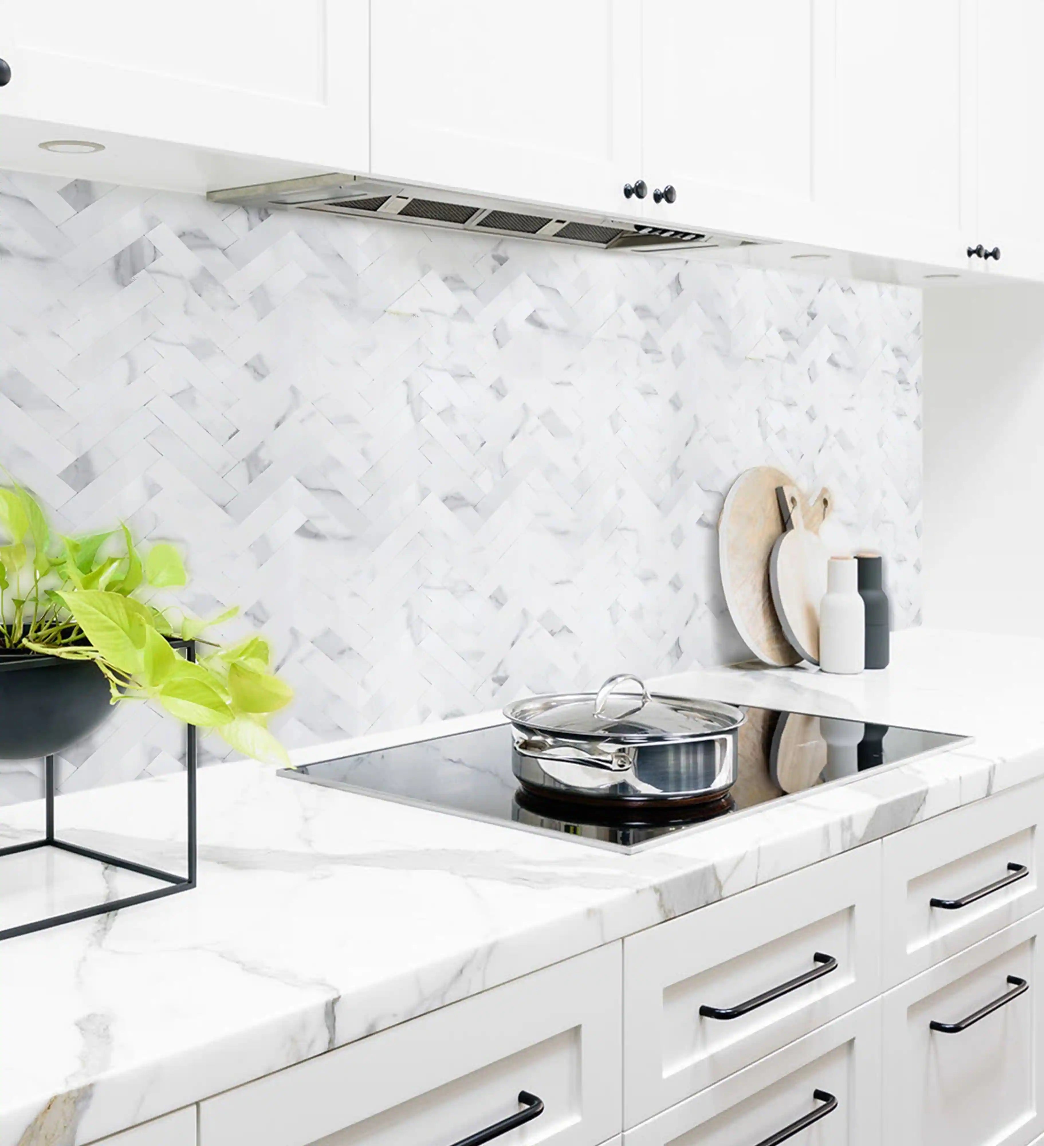 COLAMO Thick Carrara White Herringbone Peel and Stick Backsplash Marble Look Tiles