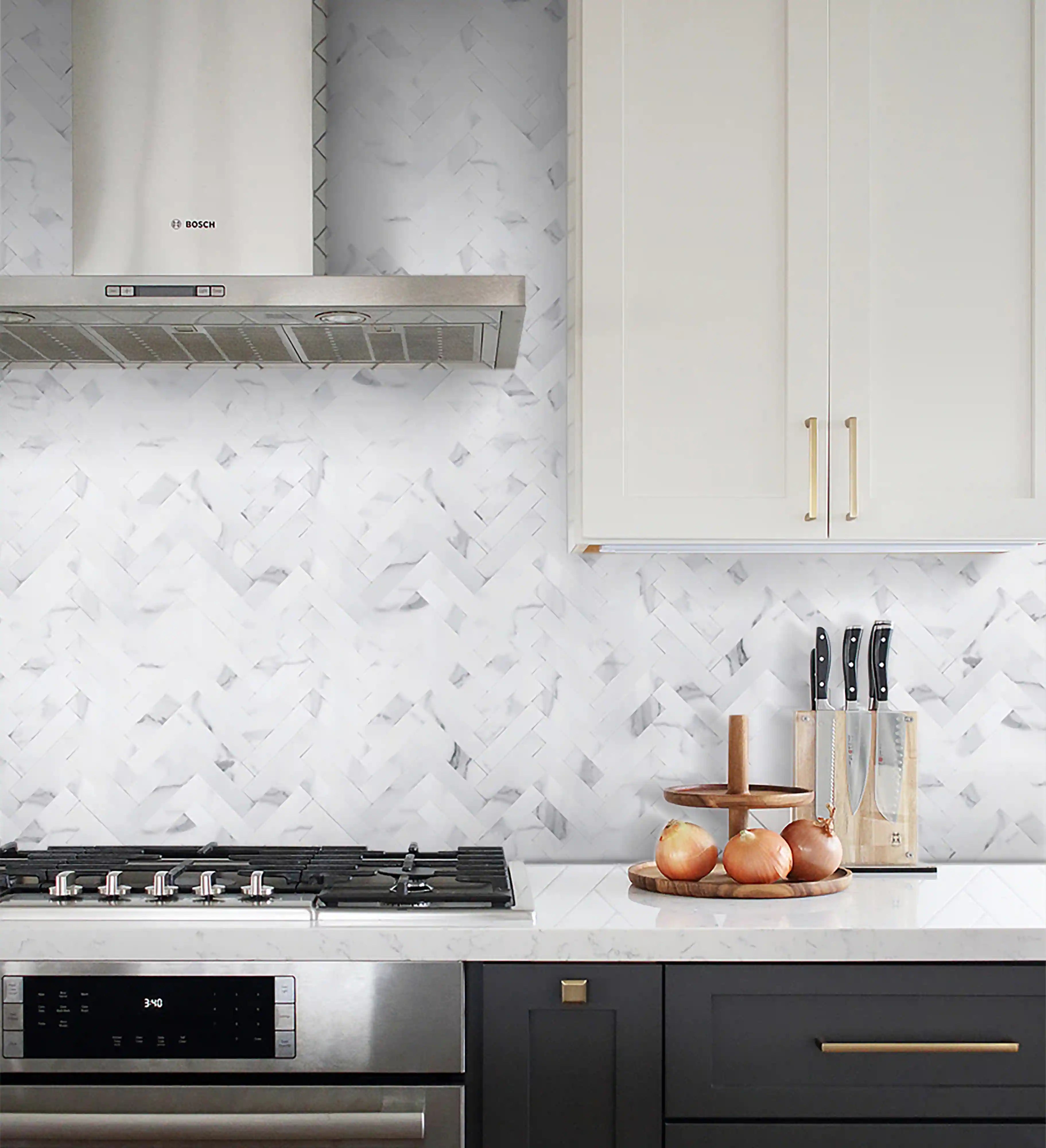 COLAMO Thick Carrara White Herringbone Peel and Stick Backsplash Marble Look Tiles