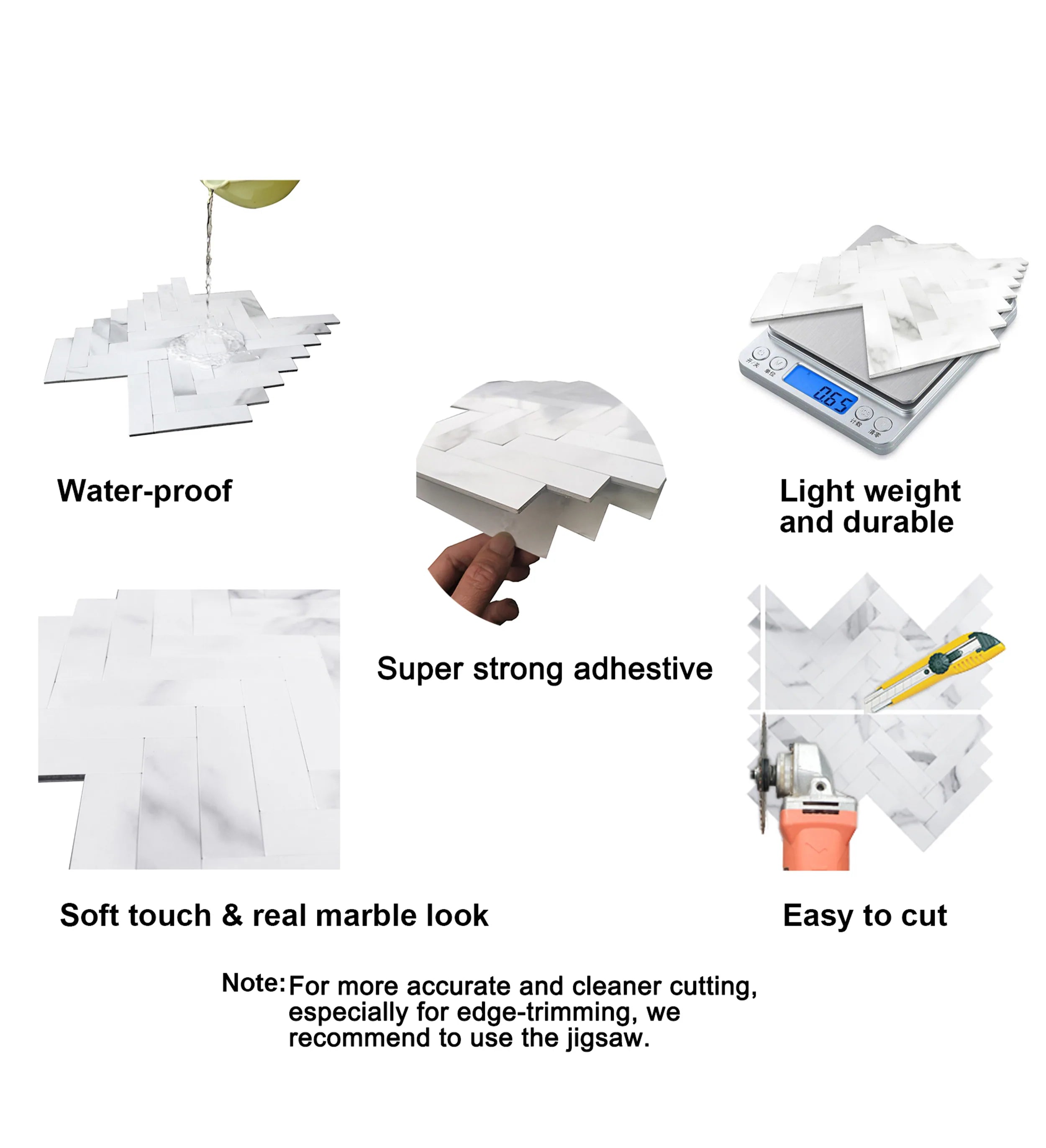 COLAMO Thick Carrara White Herringbone Peel and Stick Backsplash Marble Look Tiles