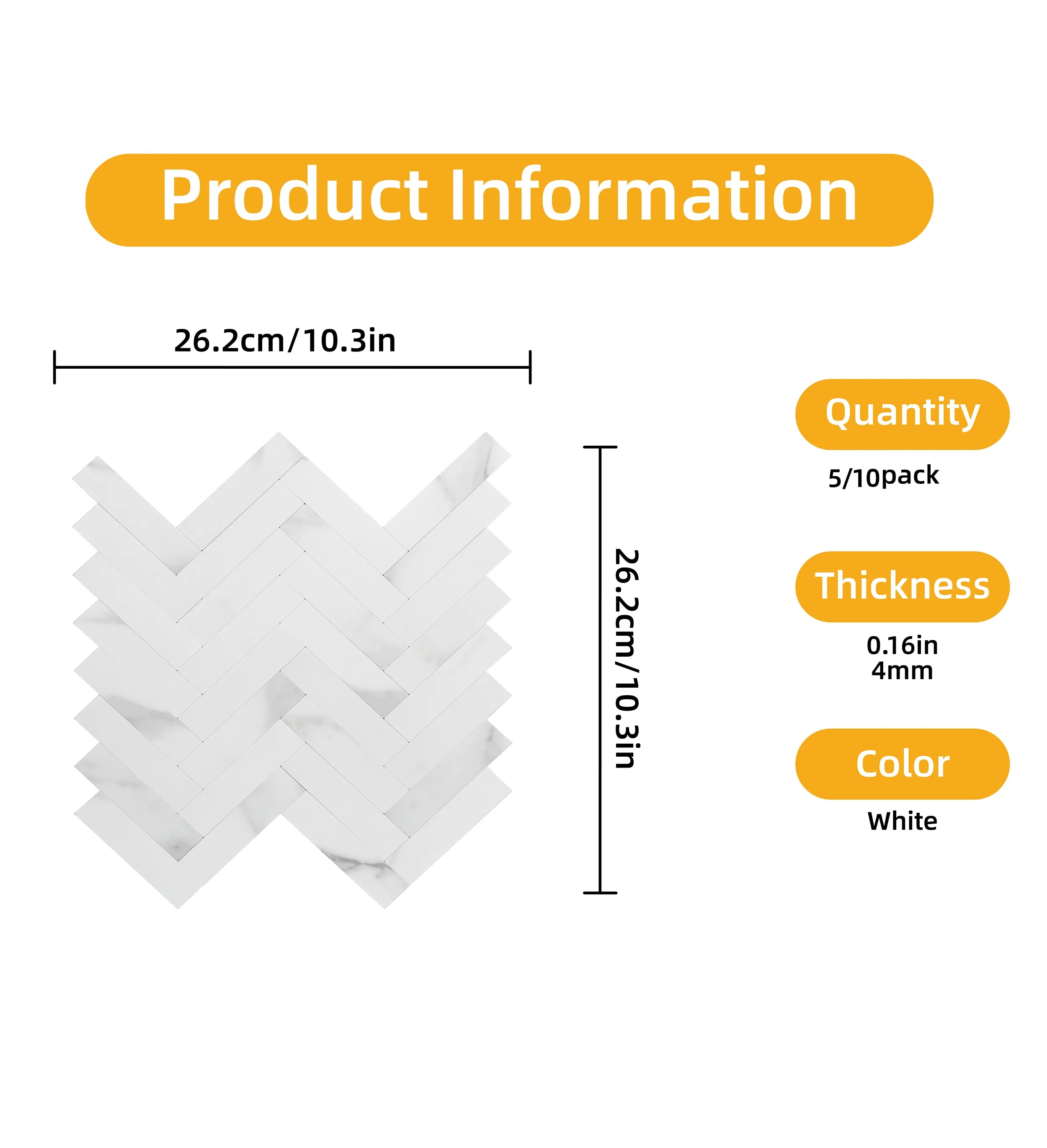 COLAMO Thick Carrara White Herringbone Peel and Stick Backsplash Marble Look Tiles