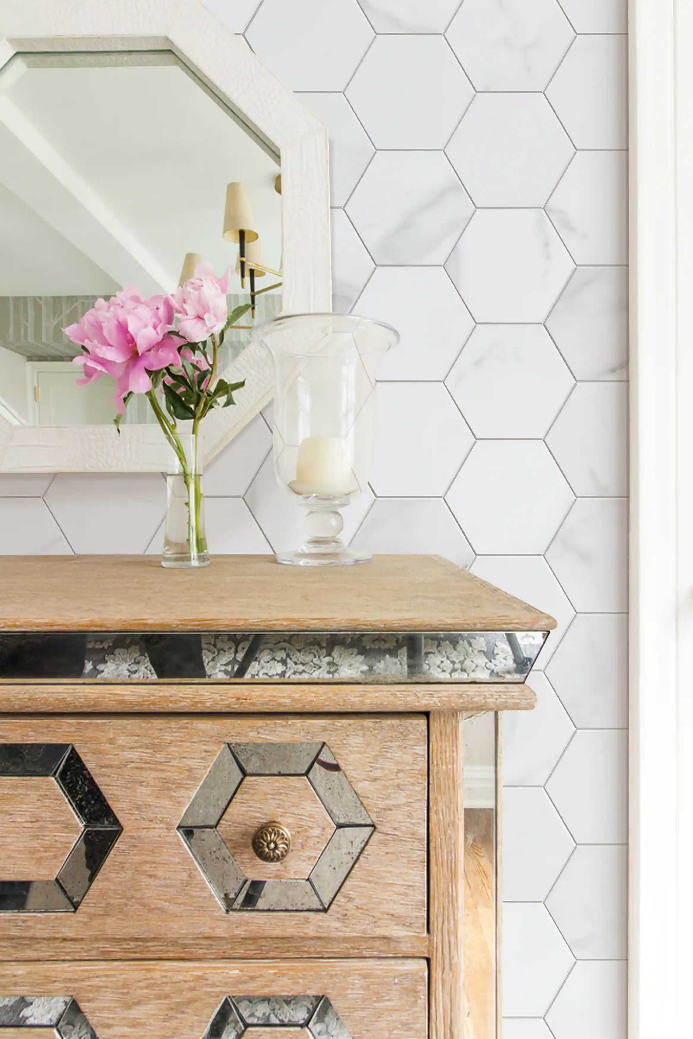 COLAMO Statuario Hexagon Peel and Stick Backsplash Carrara Baldosas de mármol blanco