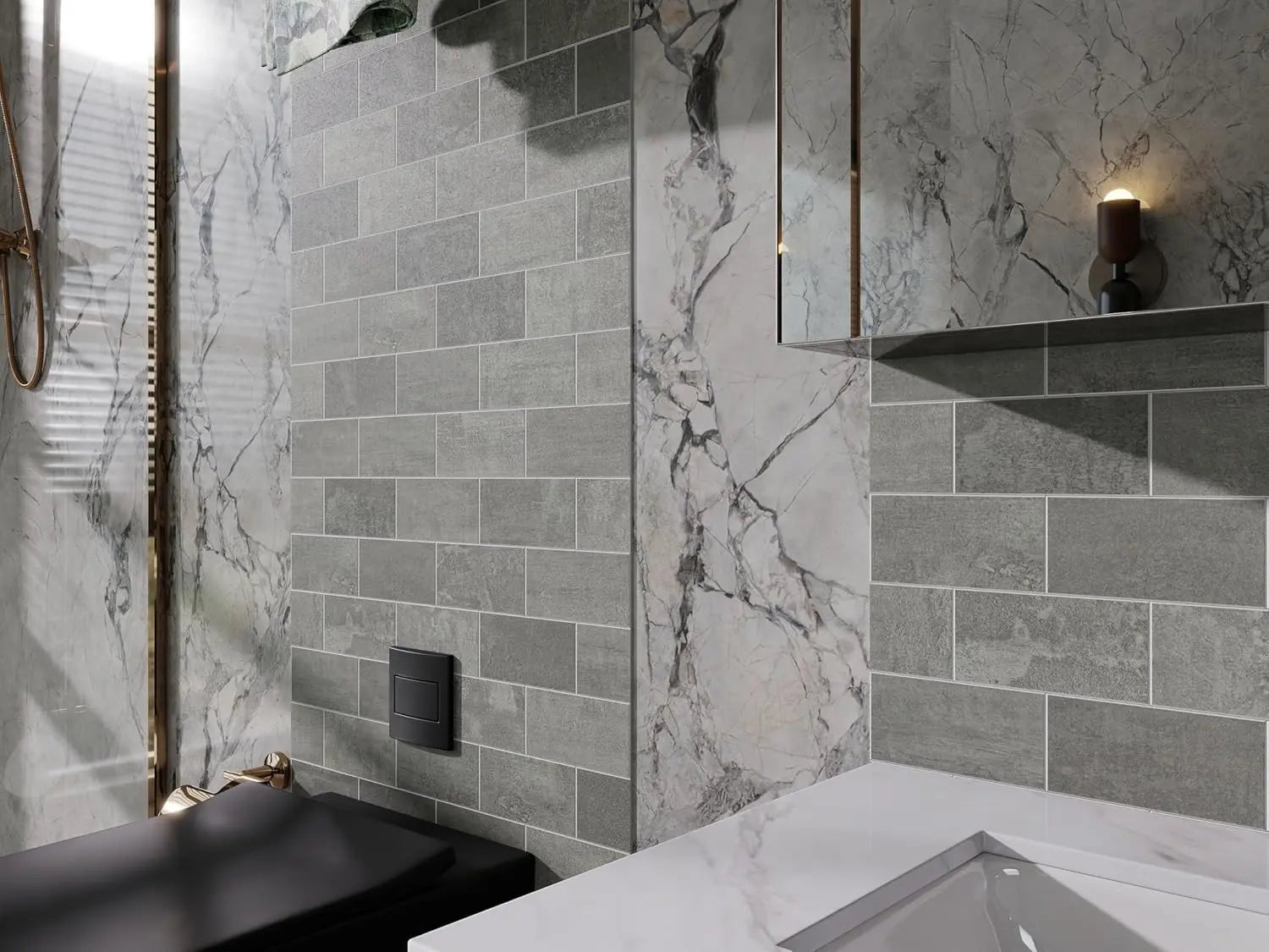 Modern bathroom with gray peel and stick tiled walls and a marble feature.