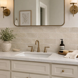 Beige travertine subway peel and stick backsplash tile in a bathroom vanity with brass sconces, brass faucet, cream cabinets, marble countertop, and neutral farmhouse decor.