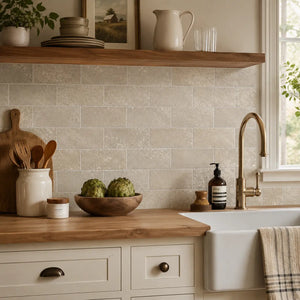 Beige travertine look subway peel and stick backsplash tile in a warm farmhouse kitchen with wood shelves and apron sink