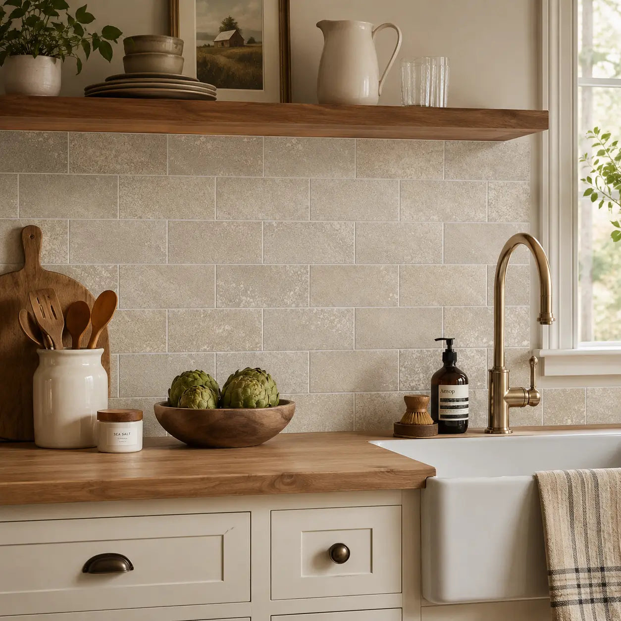 Beige travertine look subway peel and stick backsplash tile in a warm farmhouse kitchen with wood shelves and apron sink