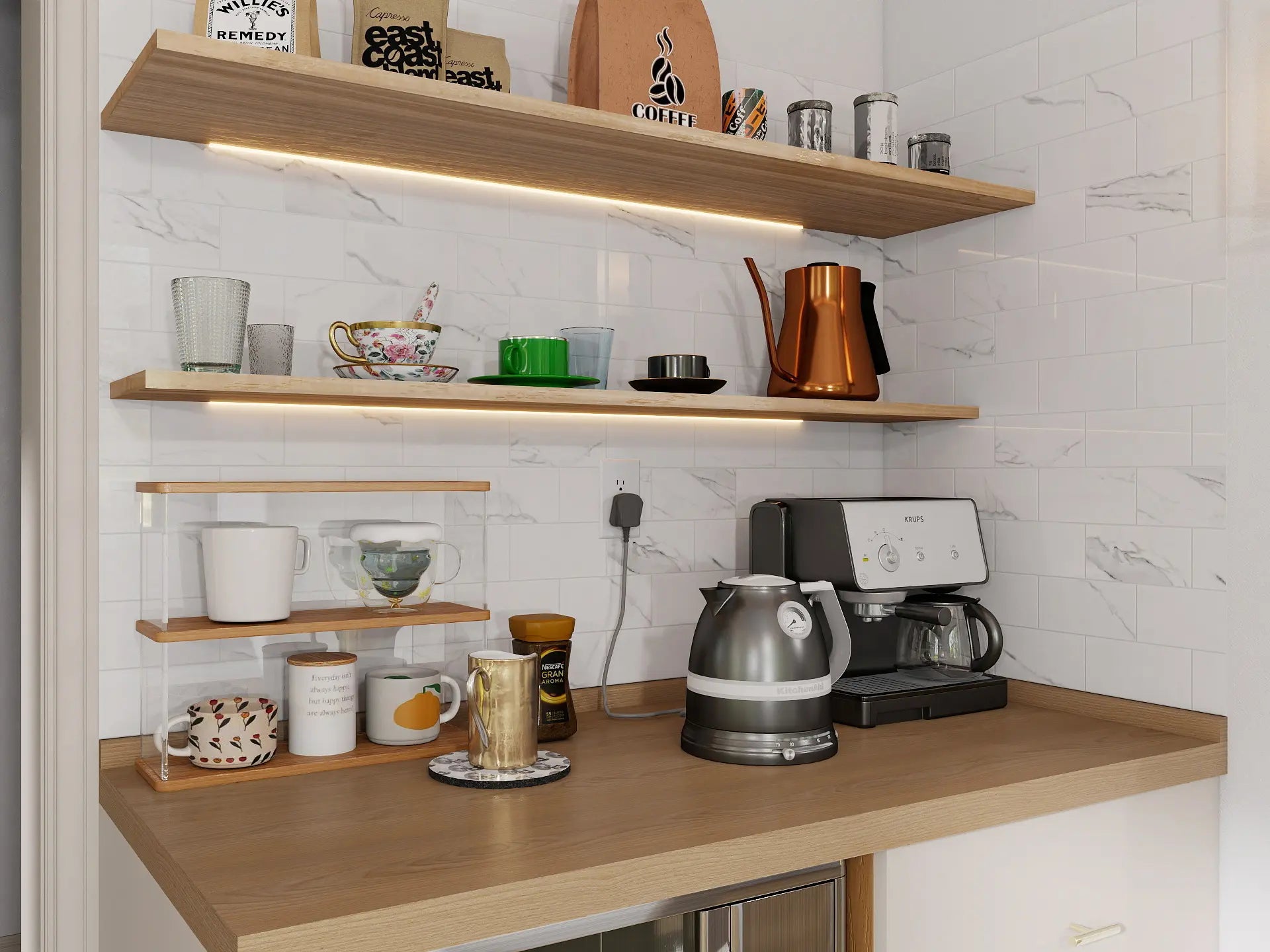 Carrara white marble peel and stick tile used as coffee bar backsplash with open shelving – Colamo