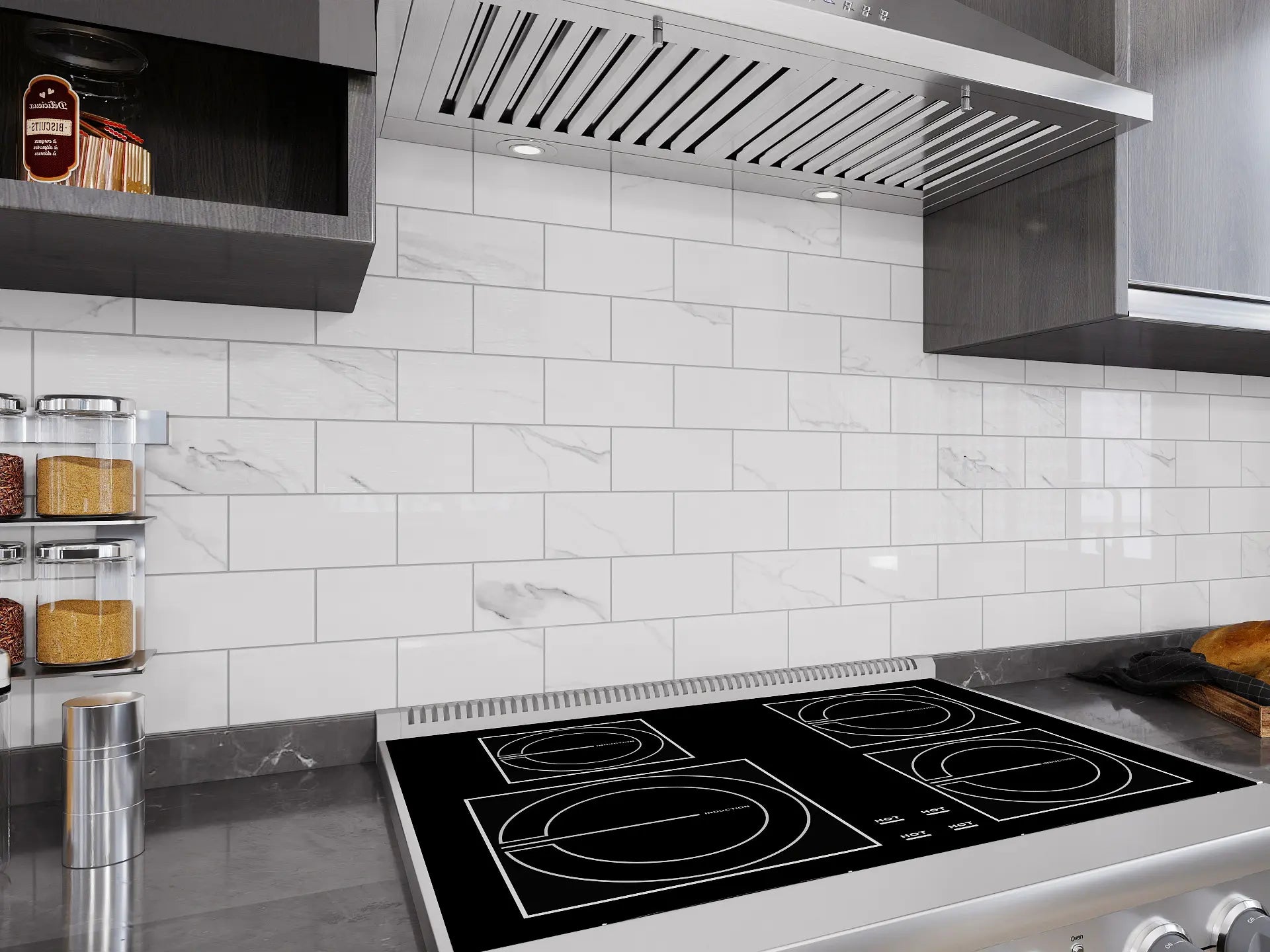 Carrara white marble peel and stick tile installed as kitchen backsplash behind stove – Colamo