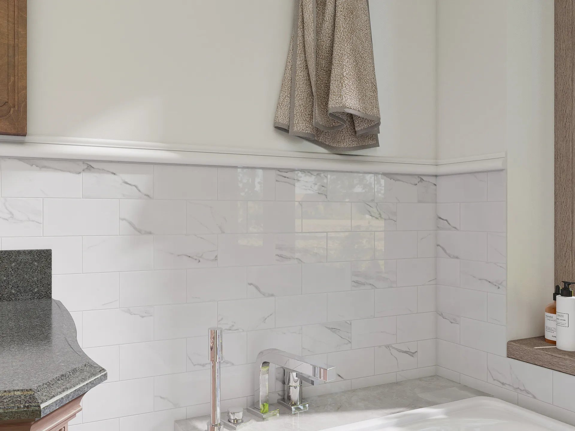 Glossy Carrara white peel and stick tile installed around bathtub in modern bathroom – Colamo