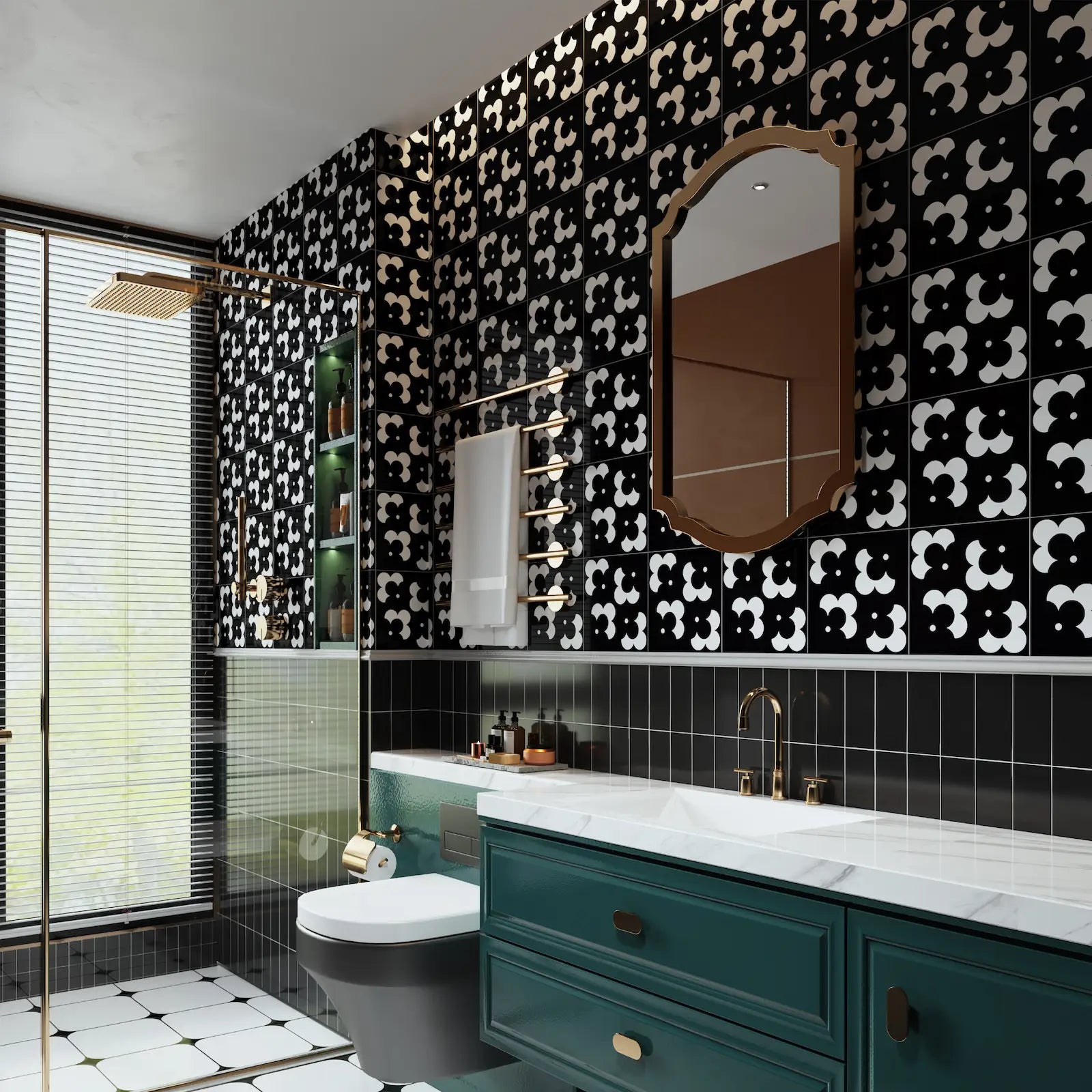 Modern bathroom interior featuring Colamo black and white bold floral peel and stick wall tiles, waterproof backsplash renovation for an elegant vanity area.