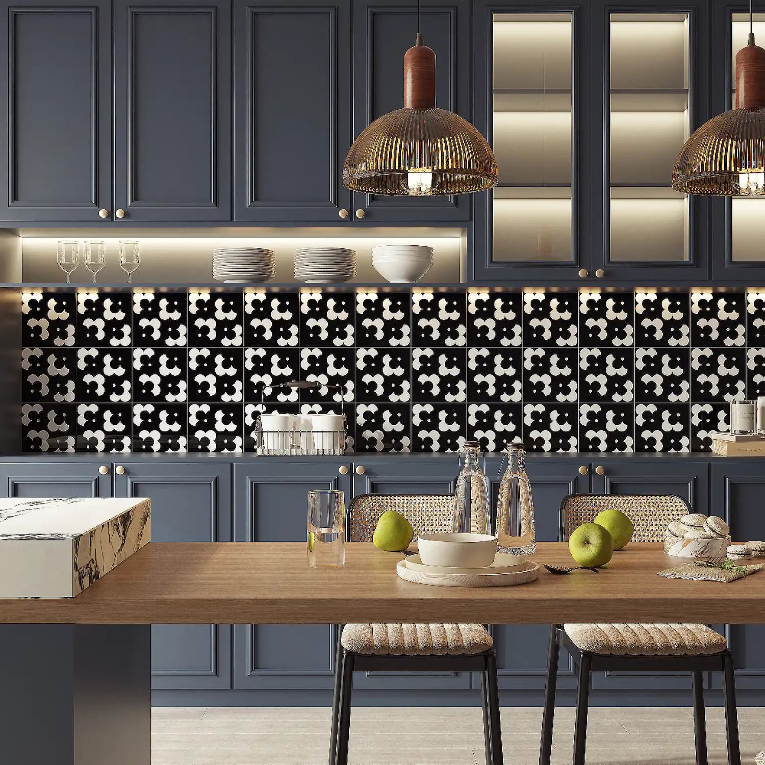 Colamo black and white floral peel and stick kitchen backsplash tile for a modern luxury home decor.