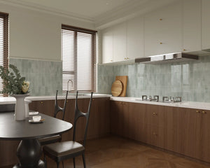 Modern kitchen featuring Colamo Cloud Gray subway peel and stick tiles in a vertical stacked pattern, paired with warm walnut cabinets for a sophisticated backsplash.