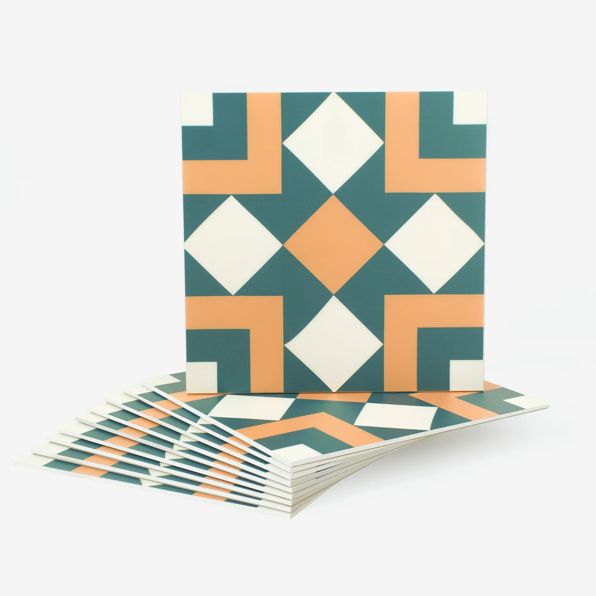 Colamo premium glossy dark green and orange geometric peel and stick wall tile, retro mid-century modern pattern for DIY home decor