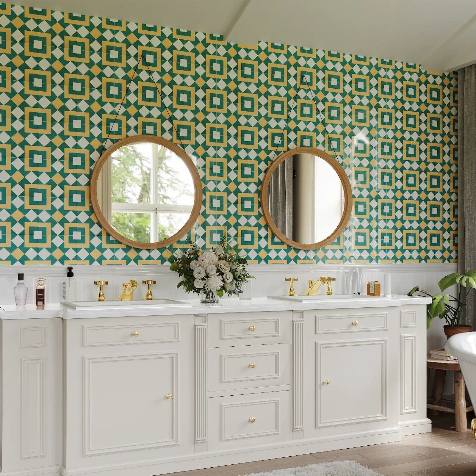 Elegant bathroom vanity area featuring Colamo dark green and orange geometric peel and stick backsplash tiles, waterproof wall decor for a luxury DIY renovation.