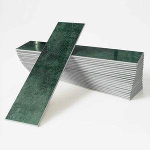 Colamo Forest Green glossy subway peel and stick tiles, featuring a smooth easy-to-clean surface with a subtle textured pattern for a luxury DIY kitchen backsplash