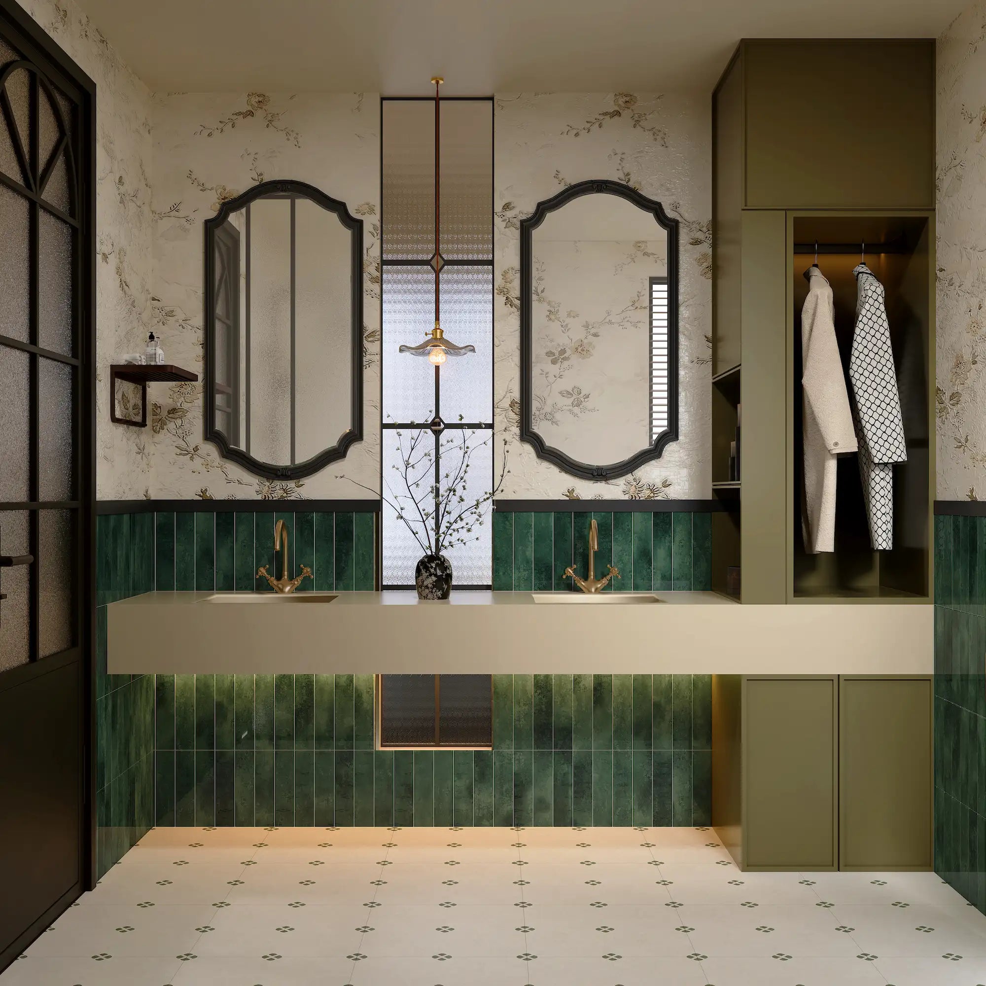 Luxury bathroom vanity featuring Colamo Forest Green glossy subway peel and stick tiles in a vertical stacked pattern, paired with brass fixtures and vintage decor.