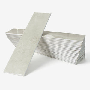 Colamo premium glossy Sand Beige subway peel and stick tile, warm neutral greige rectangular wall tile for a cozy DIY kitchen or bathroom remodel