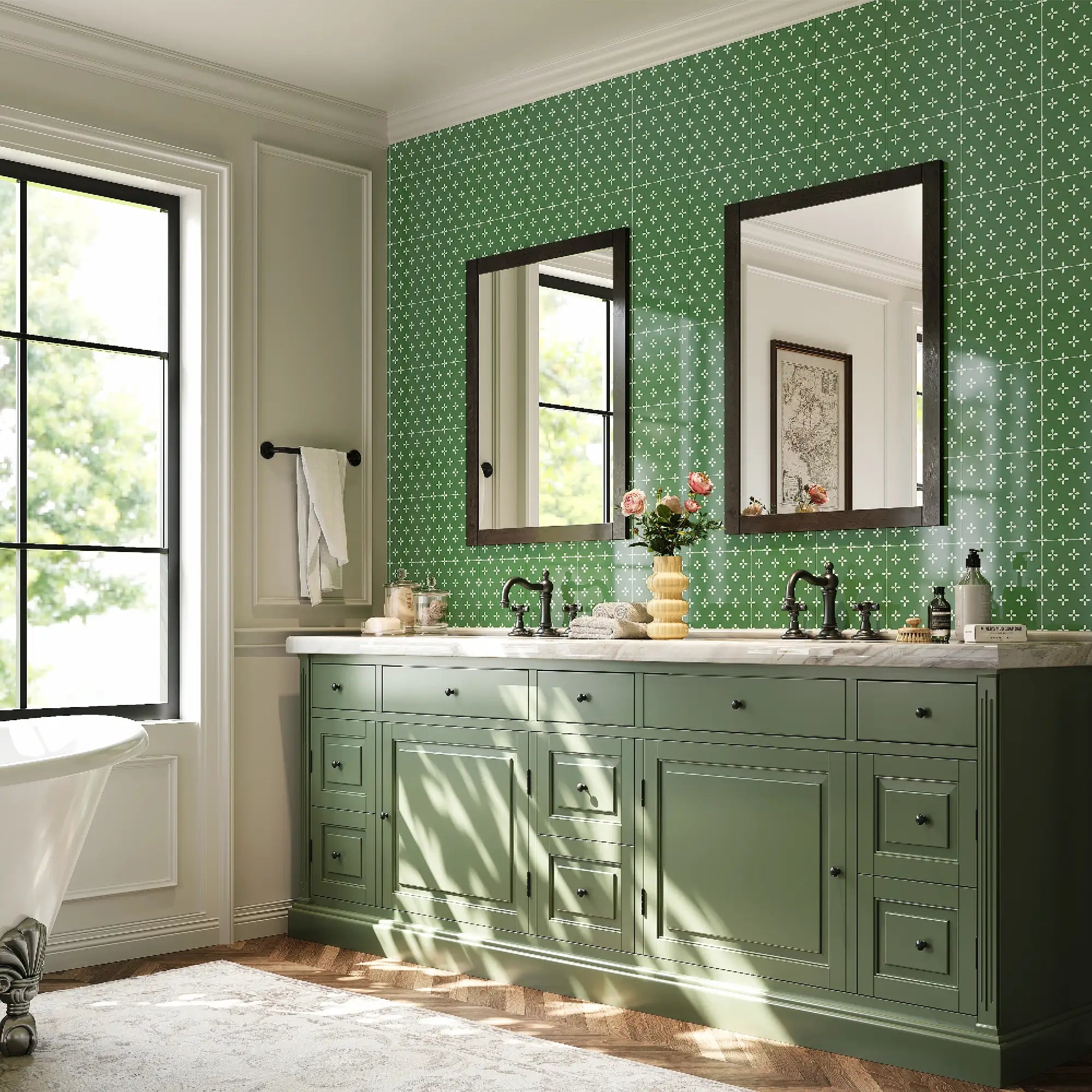 Colamo luxury green floral peel and stick wall tiles used as a bathroom vanity backsplash, featuring a vintage green cabinet and elegant mirrors.