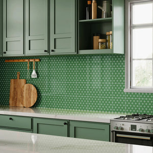 Modern green floral kitchen backsplash featuring Colamo floral peel and stick wall tiles for a luxury home DIY remodel.