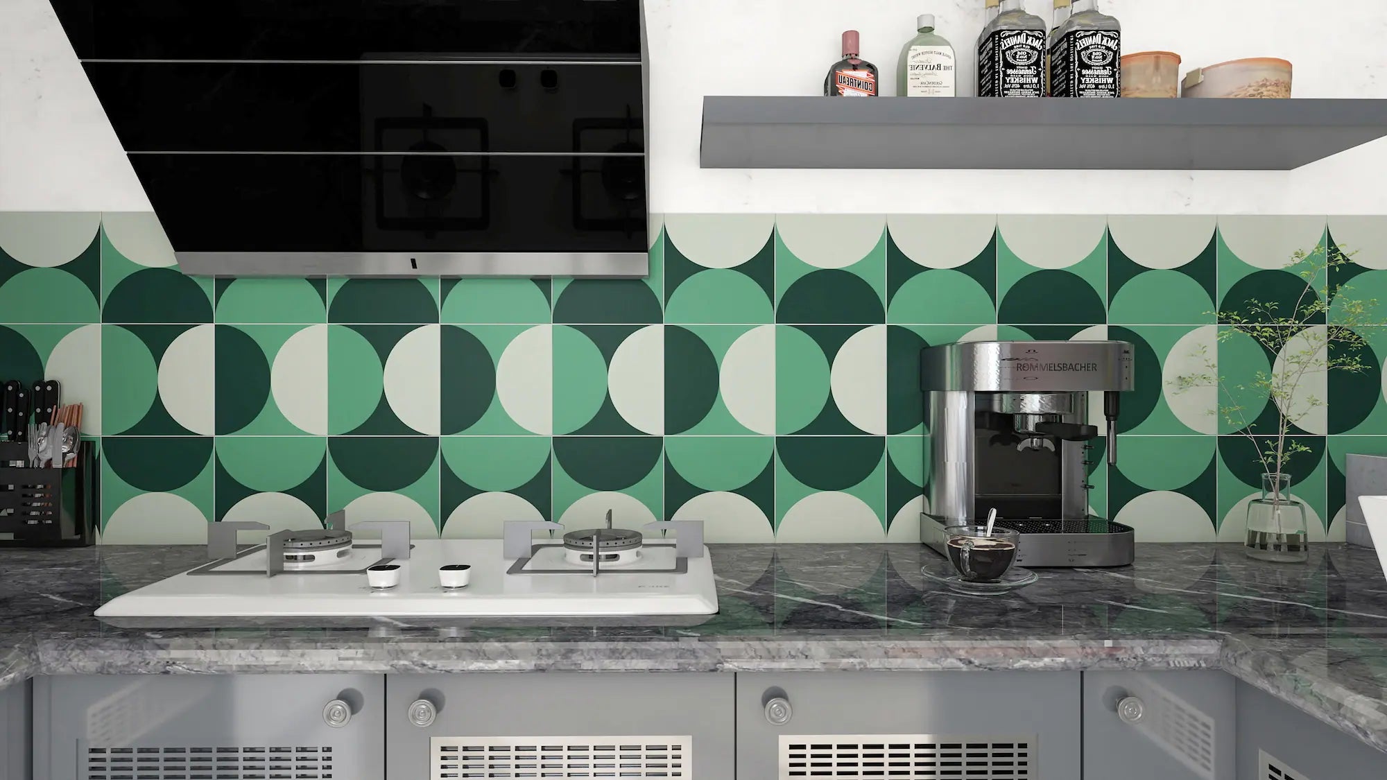 COLAMO Mid-Century Modern Green Geometric Peel and Stick Backsplash - Matte Retro Art Deco Tile