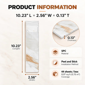 Product information for Colamo elongated Calacatta Gold peel and stick subway tile: 10.23 inch length, 2.56 inch width, 0.13 inch thickness, SPC material, 44 sheets per box covering 8.07 square feet