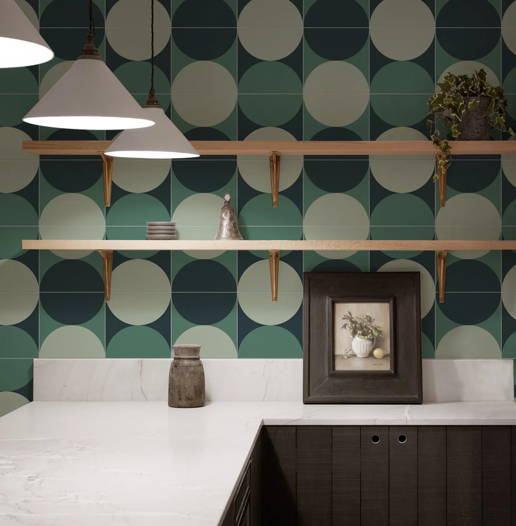COLAMO Mid-Century Modern Green Geometric Peel and Stick Backsplash - Matte Retro Art Deco Tile