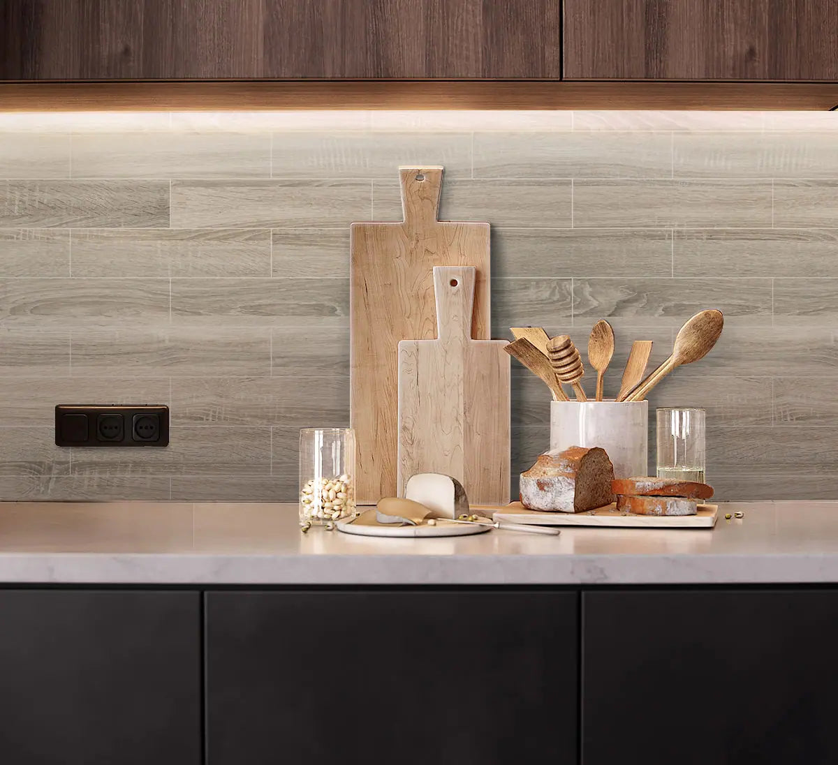 COLAMO Greige Oak Wood Look Tiles - 3D Textured Peel and Stick Backsplash
