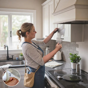 Woman in a kitchen using a peel and stick tiles