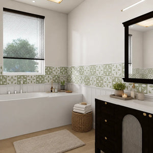 Sage green floral peel and stick wall tiles installed around a bathtub and bathroom vanity.