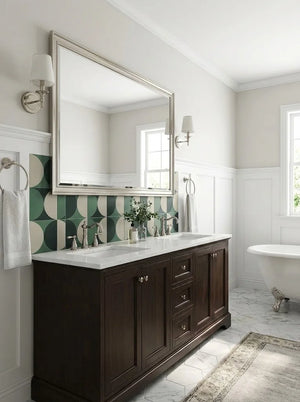 DIY bathroom renovation idea using Colamo matte retro green Art Deco peel and stick wall tiles behind a vanity mirror.
