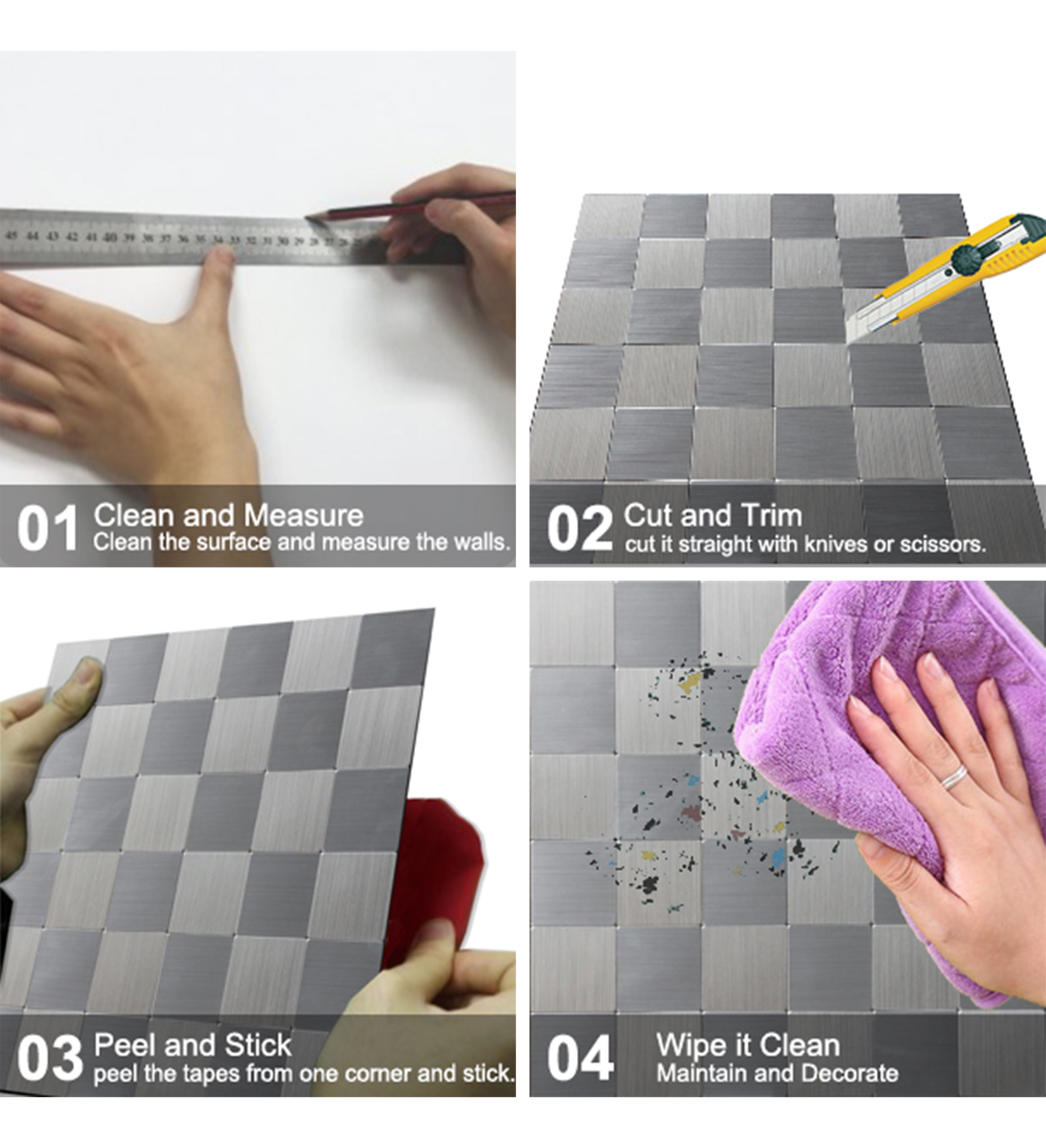 Peel and Stick Square Stainless Steel Tiles Backsplash 12" x 12"