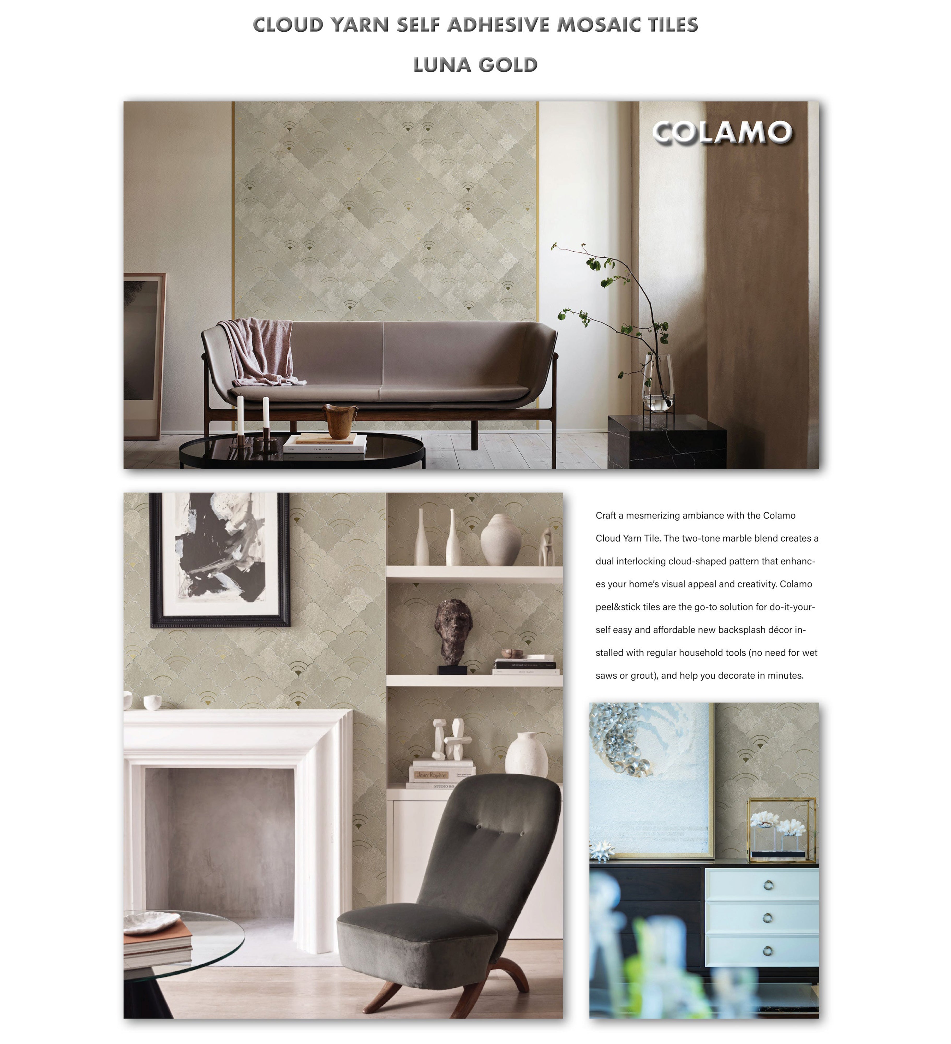 Cloud Yarn Mosaic Peel and Stick Tiles Backsplash, Luna Gold