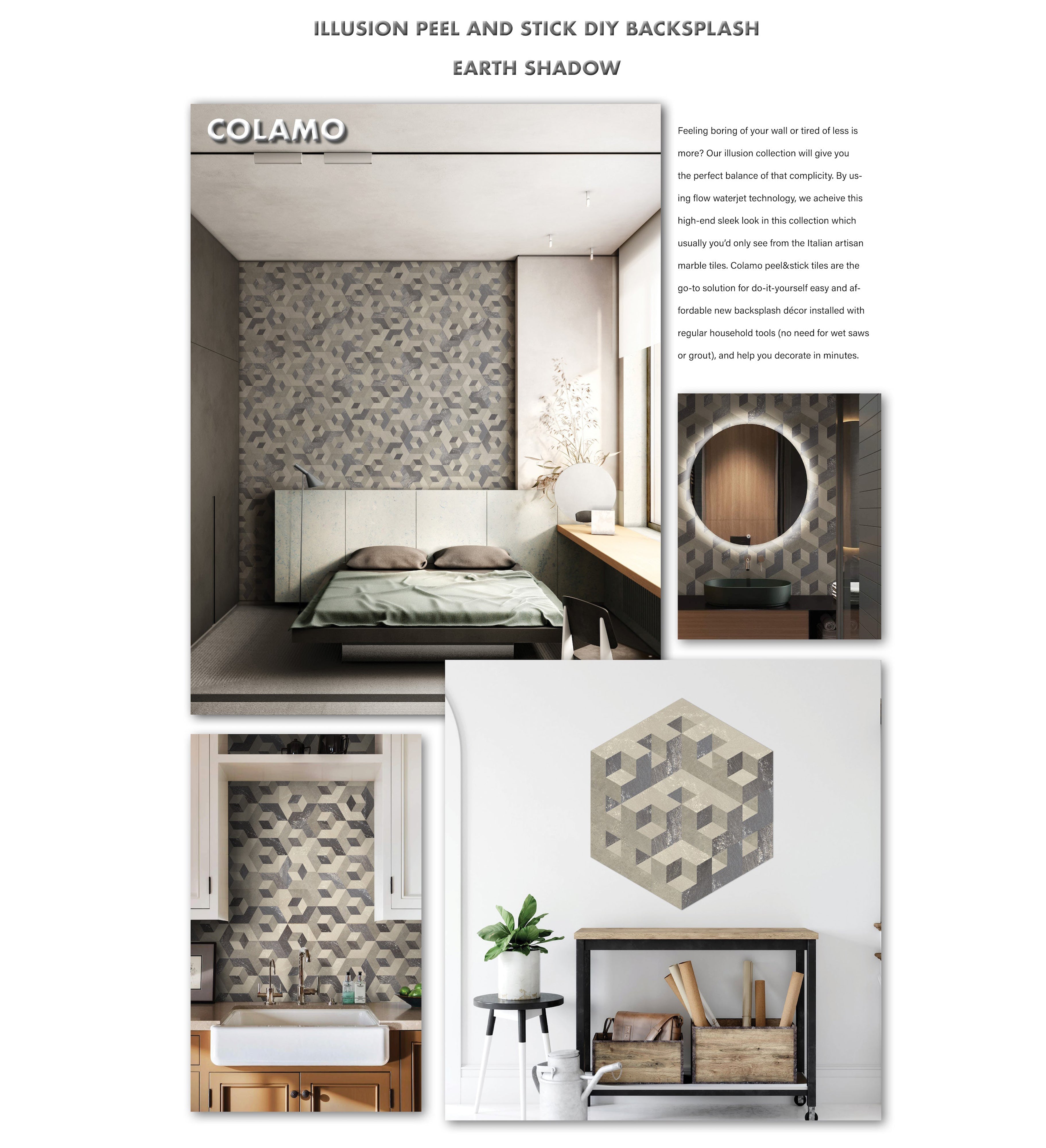 Illusion Peel and Stick Backsplash Hexagon Tiles, Earth Shadow