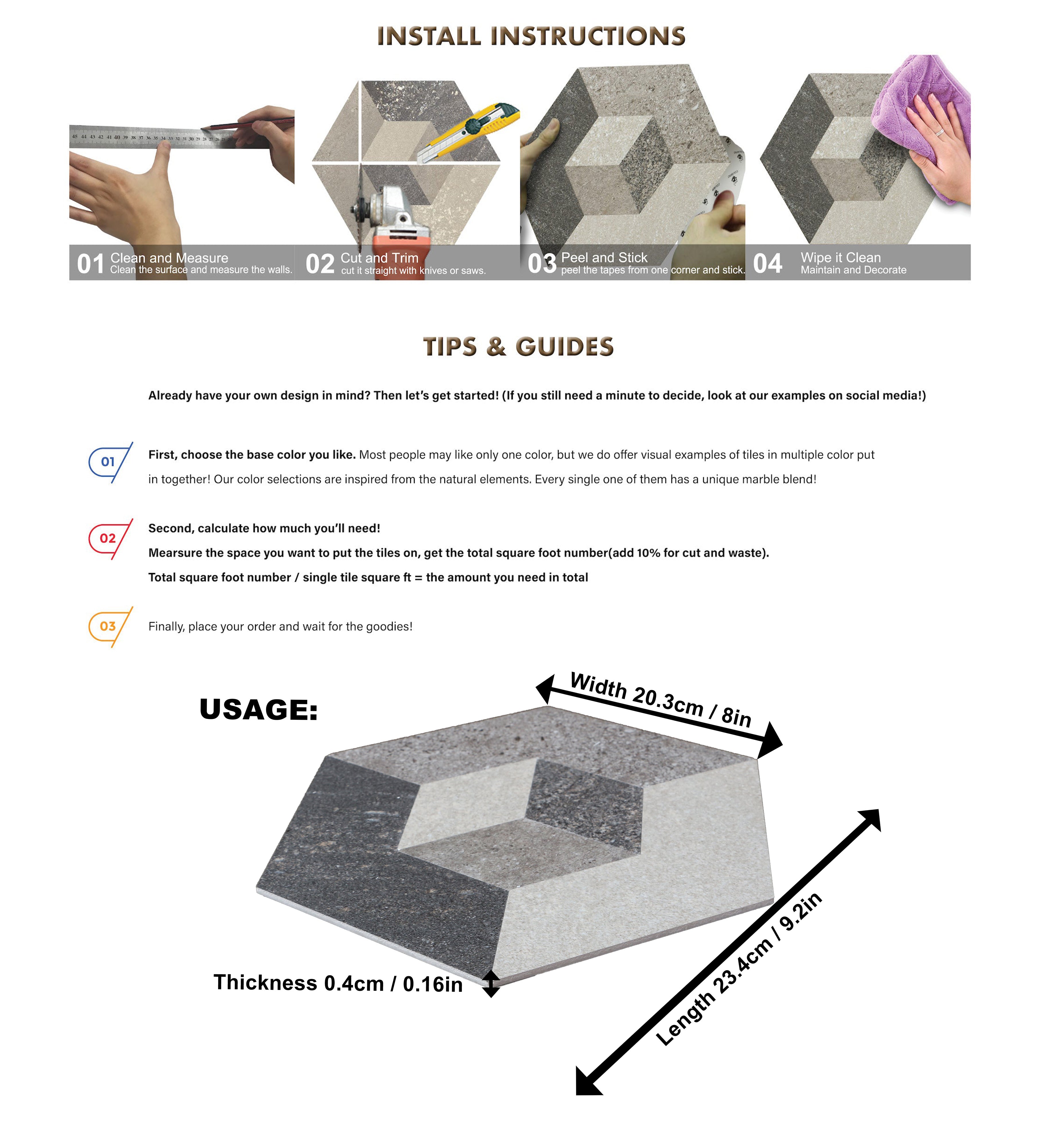 Illusion Peel and Stick Backsplash Hexagon Tiles, Earth Shadow