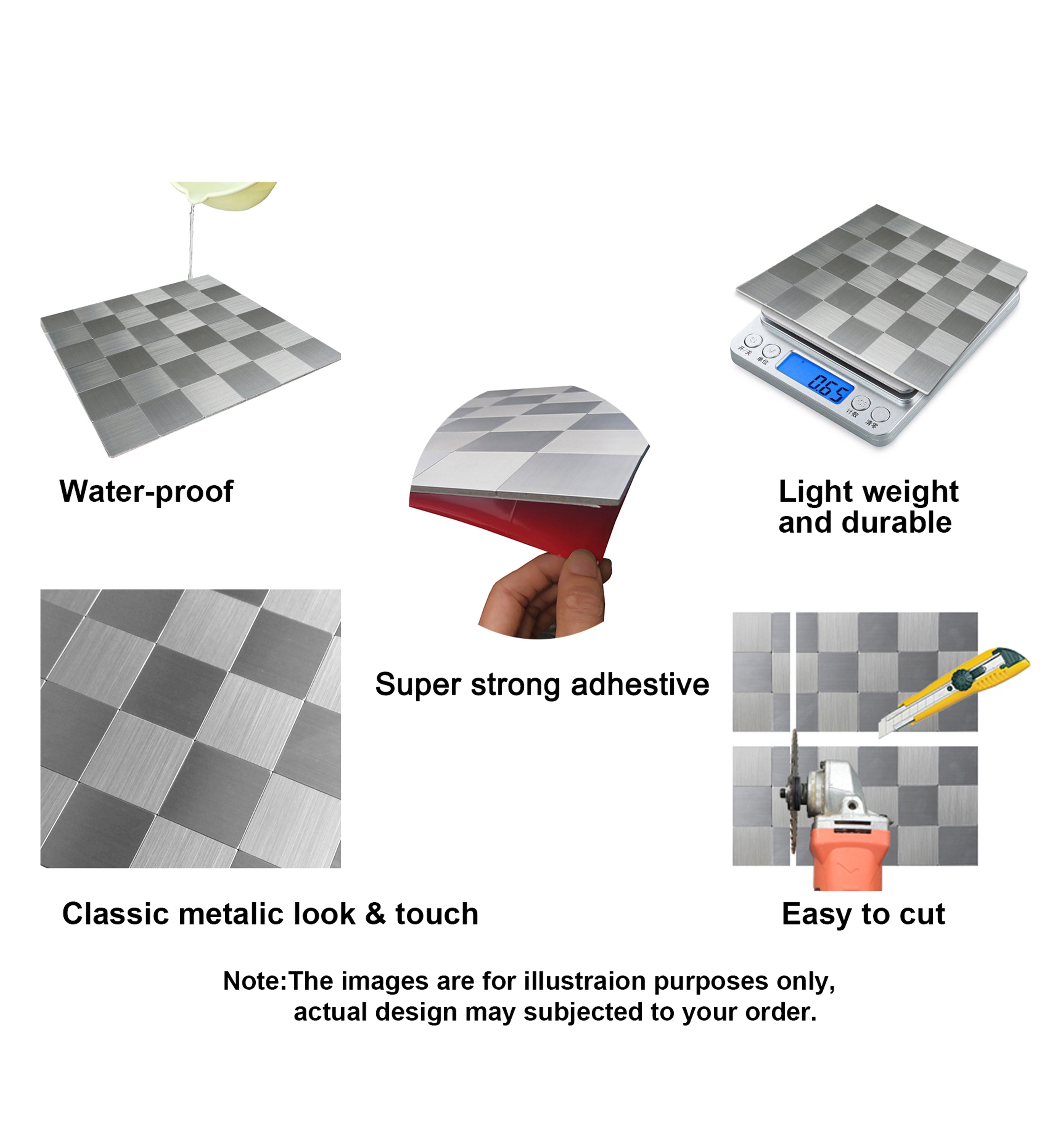 Peel and Stick Square Stainless Steel Tiles Backsplash 12" x 12"