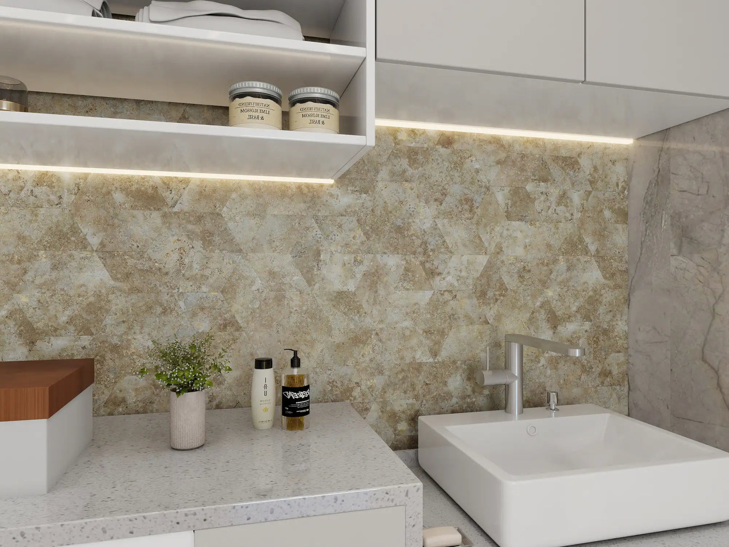 Modern bathroom with Gold Travertine diamond tile wall, sink, and countertop.