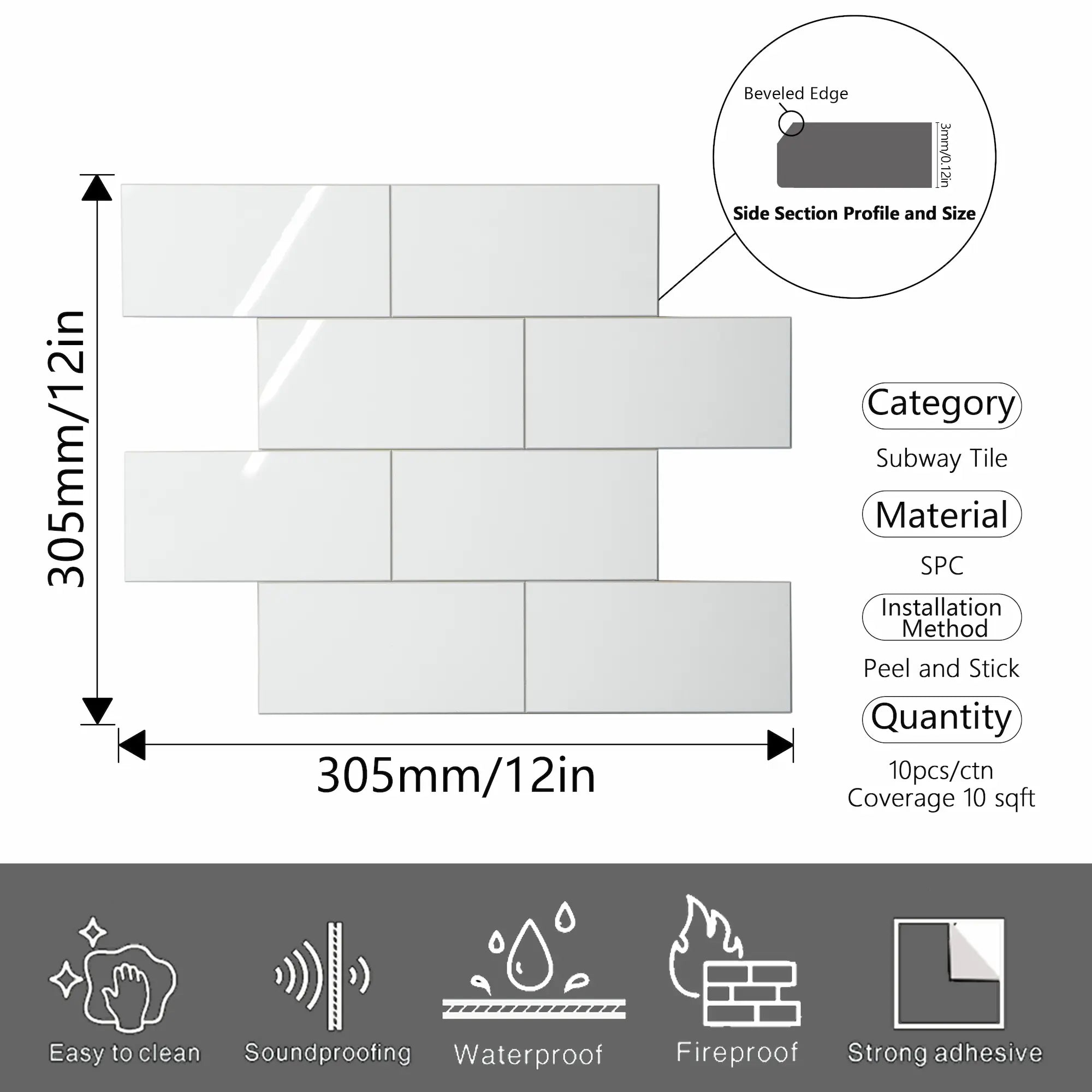 Colamo 12”x12” Glossy Pure White Peel and Stick Backsplash Tiles Subway For Wall