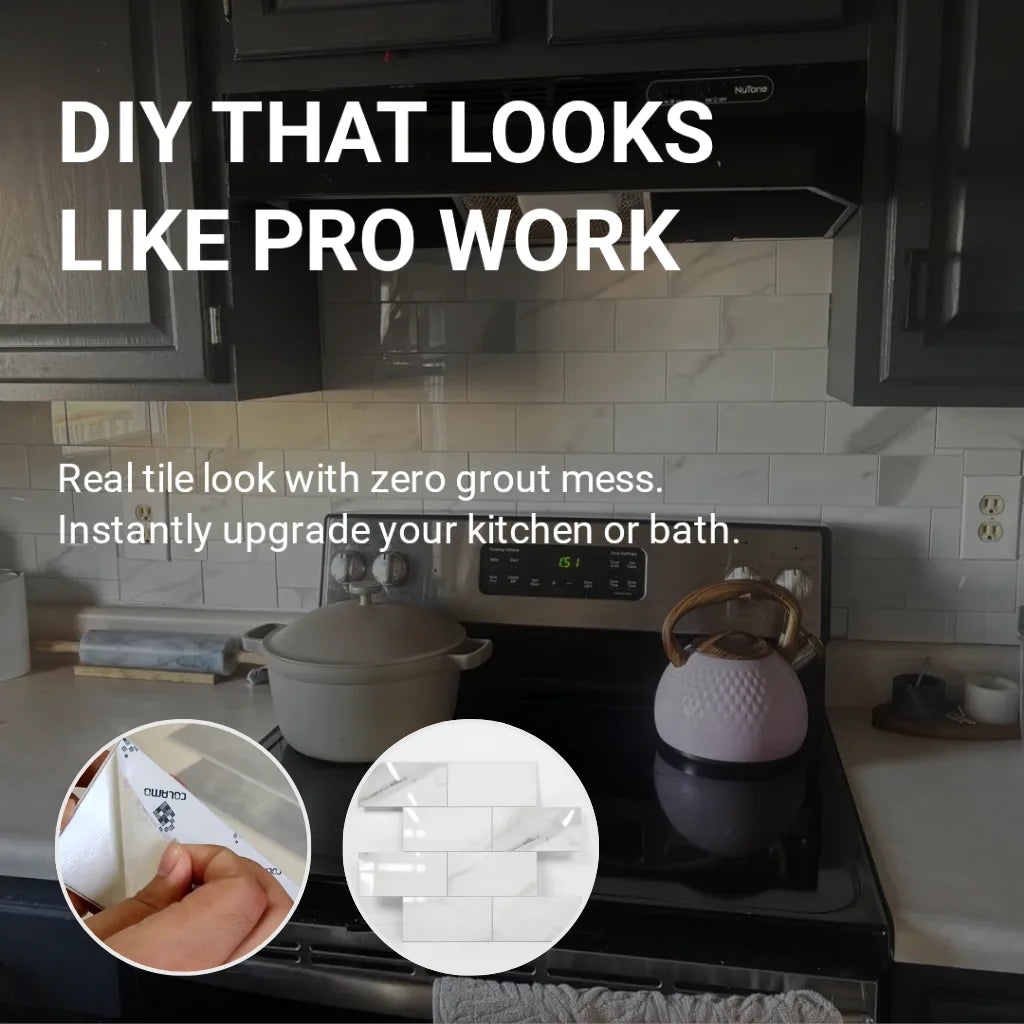 COLAMO Carrara Marble White Peel and Stick Backsplash Marble Tile Look Subway Tile for Kitchen Bathroom Dining Area