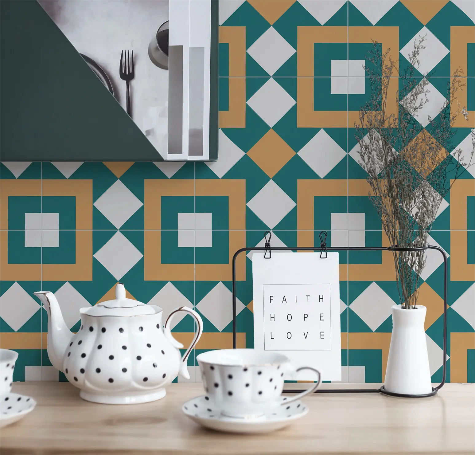COLAMO Matte Green Orange Mix  Self Adhesive Graphic Tile Decals Peel and Stick Backsplash