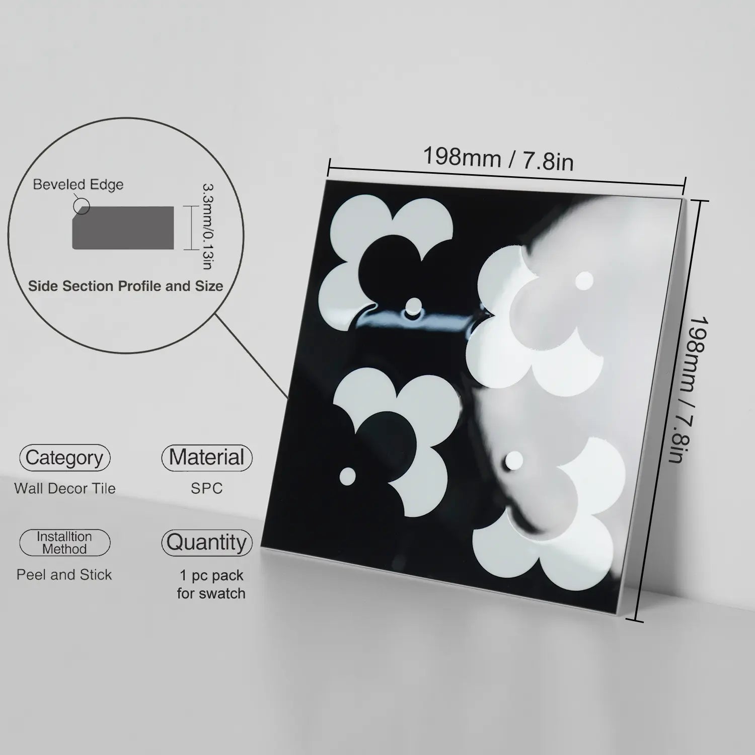 Carrelage graphique autocollant noir brillant COLAMO, imperméable, à décoller et à coller