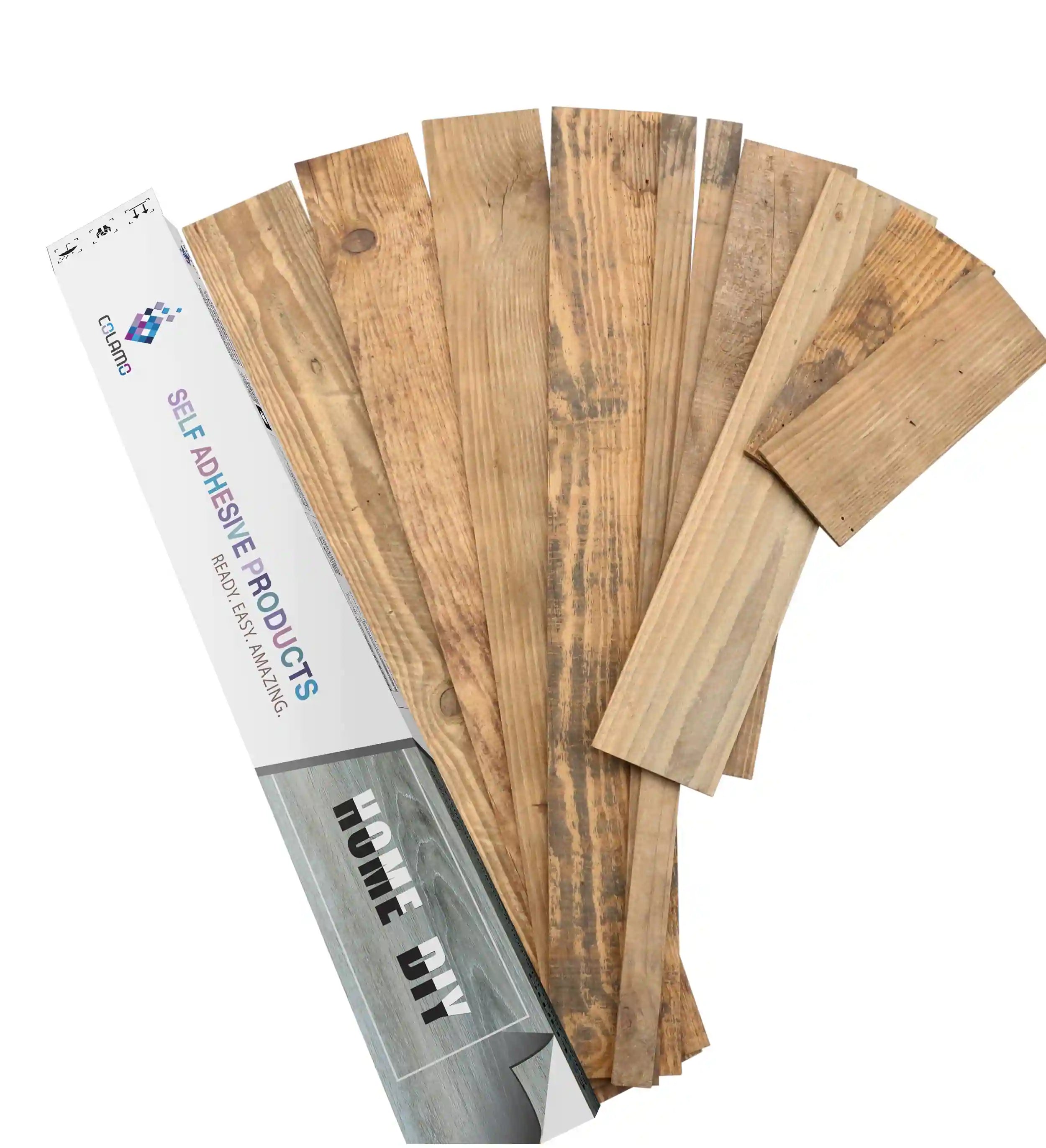 Planches de bois recyclé autocollantes COLAMO 4,53" x 35,43" pour murs